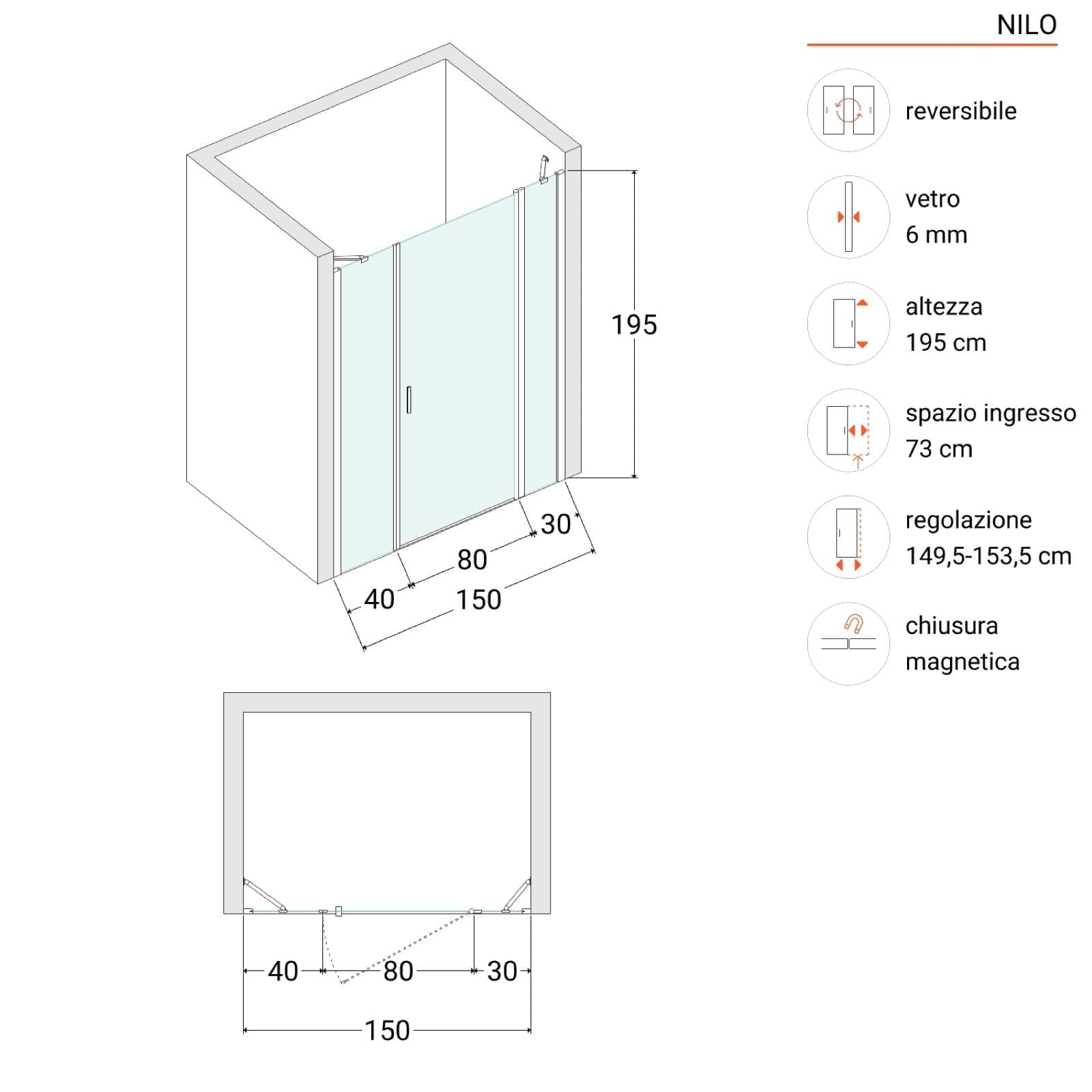 Box doccia nicchia 150 cm 30 giunto + 80 battente + 40 fisso con vetro temperato trasparente e profilo cromo 195h - Nilo