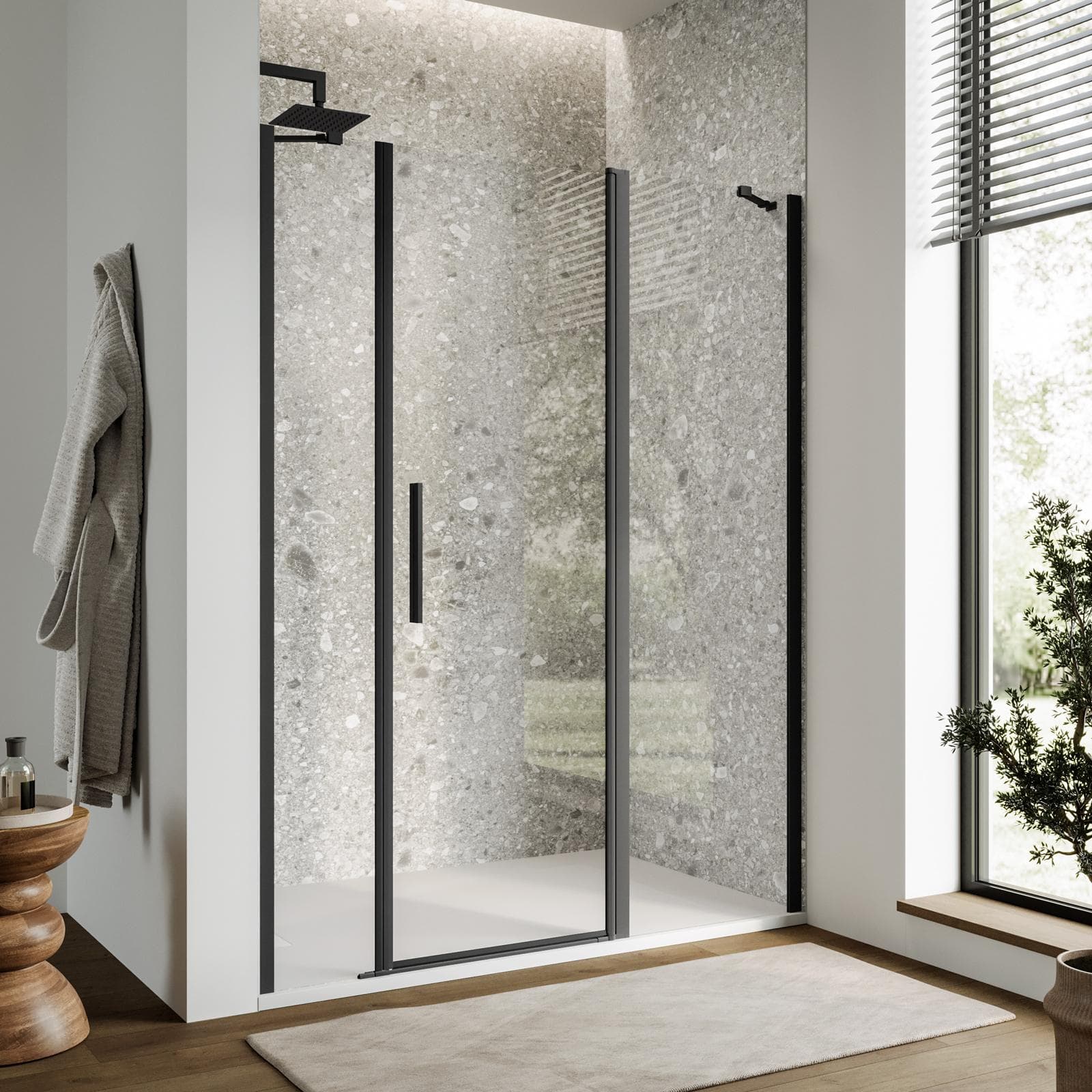 Box doccia nicchia 150 cm 55 giunto + 70 battente + 25 fisso con vetro temperato trasparente e profilo nero opaco 195h - Nilo