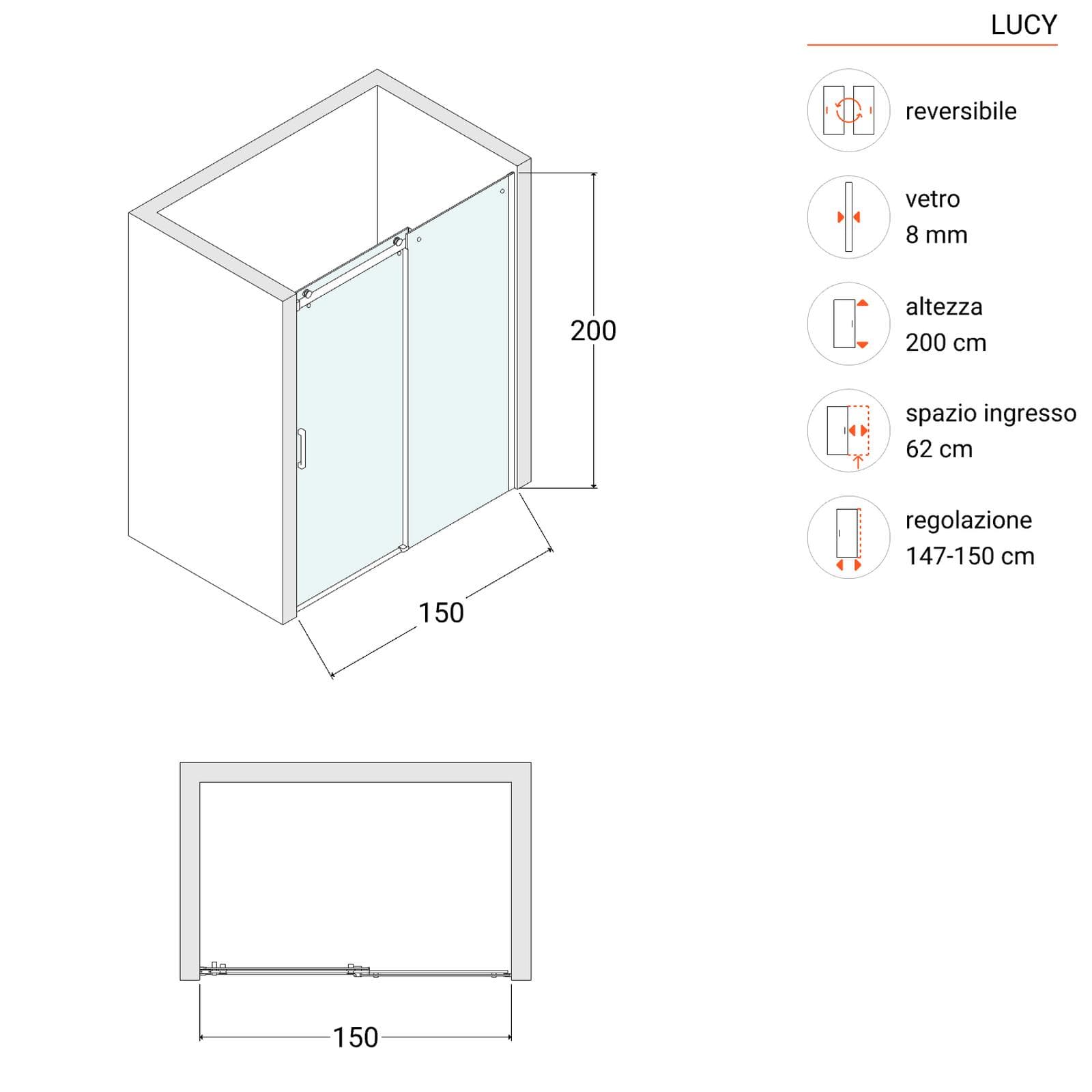 Box doccia nicchia 150 cm scorrevole vetro anticalcare fumè e profilo cromo 200h - Lucy