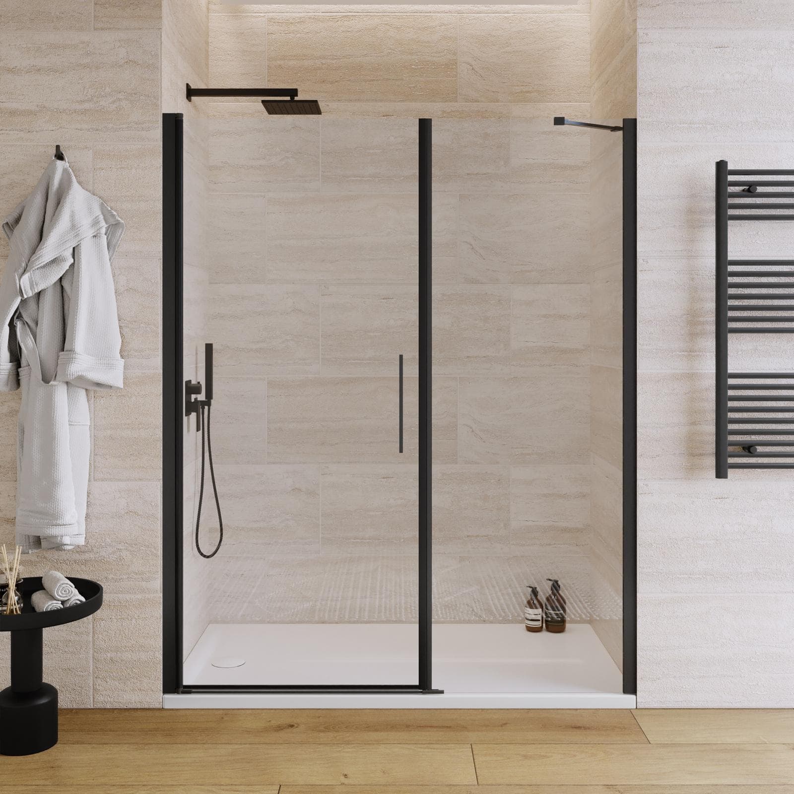 Box doccia nicchia 155 cm battente 85 e lato fisso 70 con profilo nero 195h - Nilo