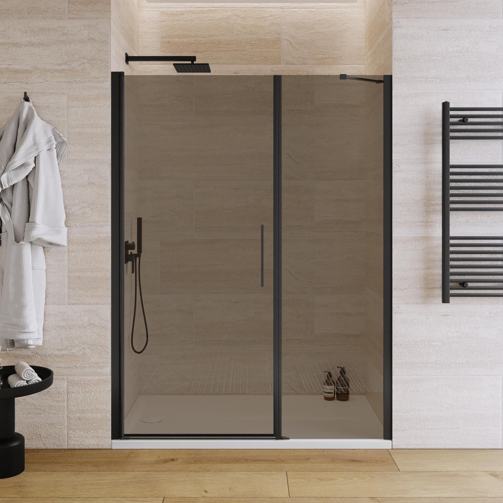 Box doccia nicchia 155 cm battente 95 cm e lato fisso con vetro temperato bronzato e profilo nero 195h - Nilo
