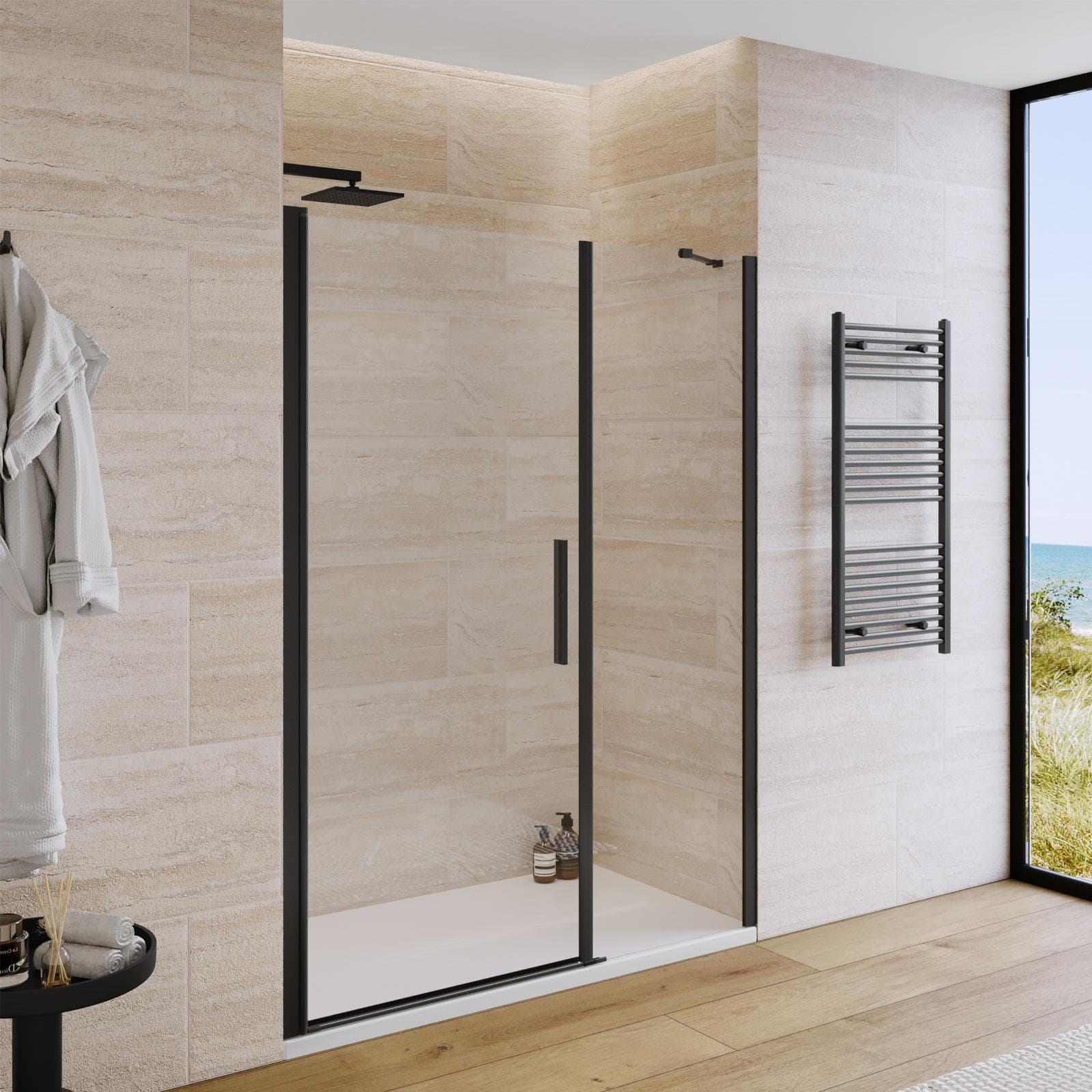 Box doccia nicchia 155 cm battente 95 e lato fisso 60 con profilo nero 195h - Nilo