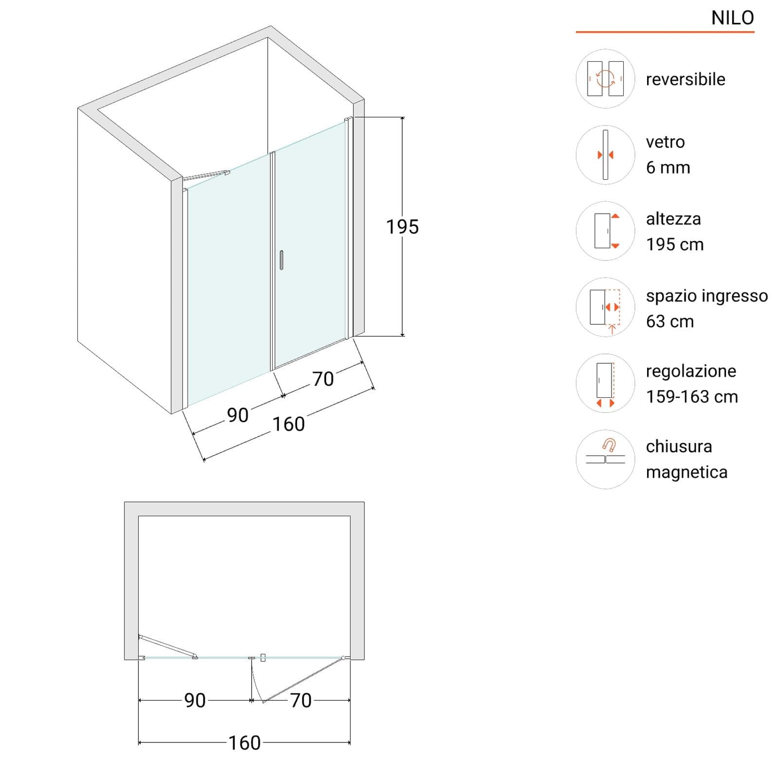 Box doccia nicchia 160 cm battente 70 cm e lato fisso con vetro temperato fumé e profilo cromo 195h - Nilo