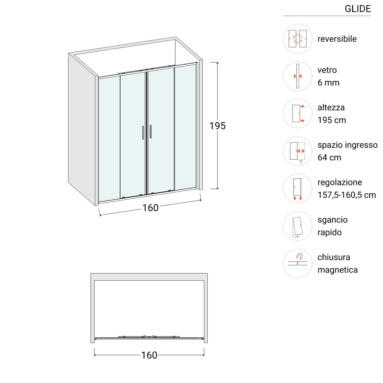 Box doccia nicchia 160 cm doppio scorrevole con vetro slim trasparente e profilo cromo 195h - Glide