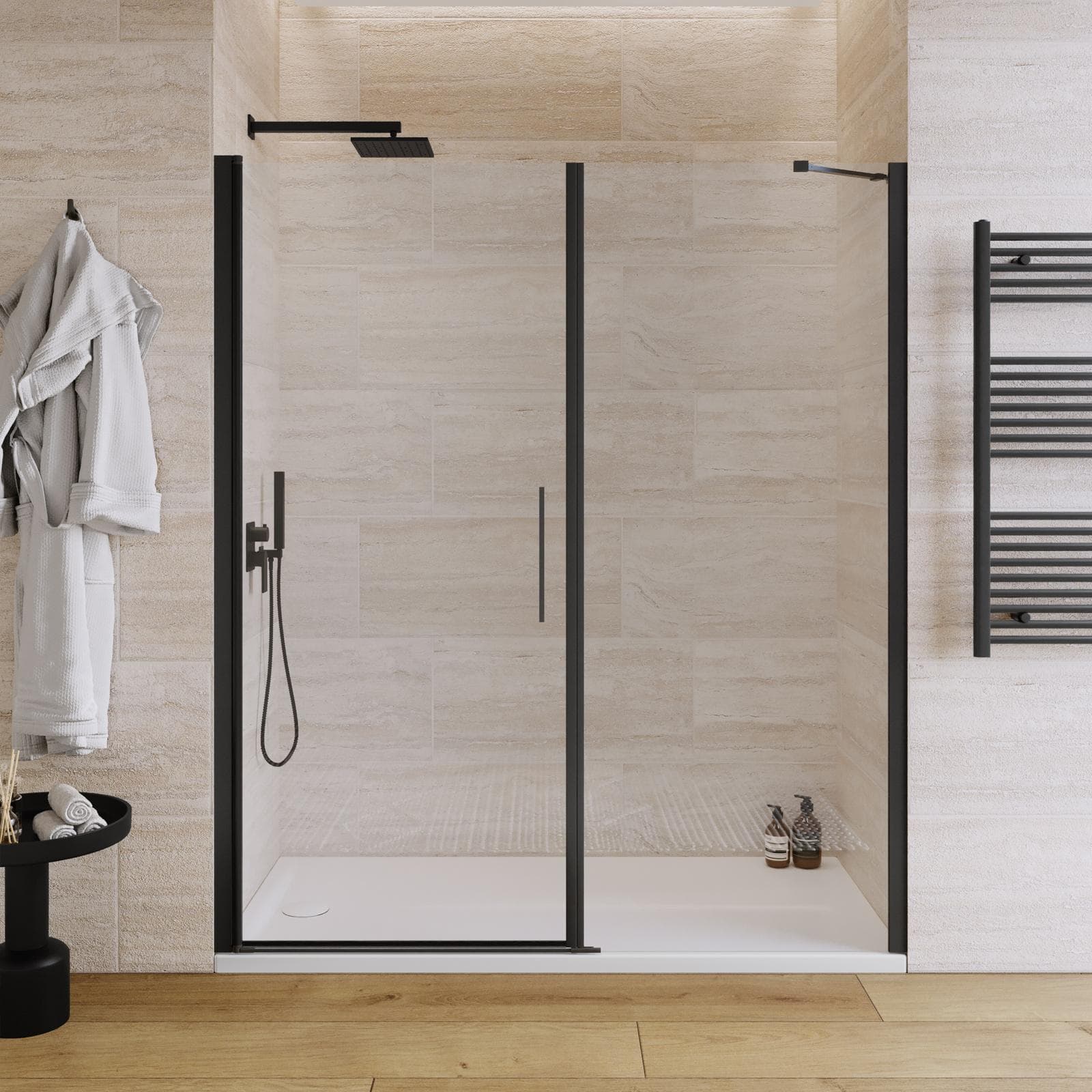 Box doccia nicchia 165 cm battente 85 cm e lato fisso con vetro temperato trasparente e profilo nero 190h - Nilo