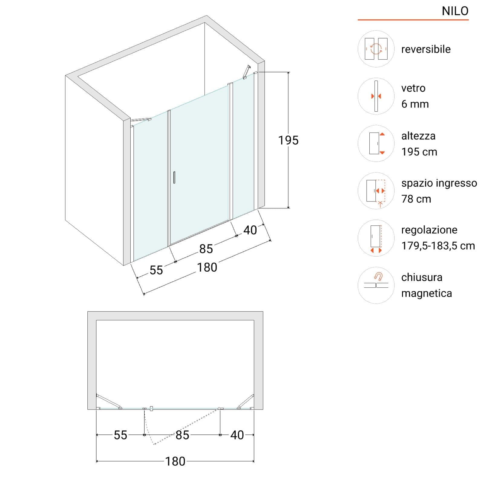 Box doccia nicchia 180cm 40 giunto + 90 battente + 55 fisso trasparente 195h - Nilo