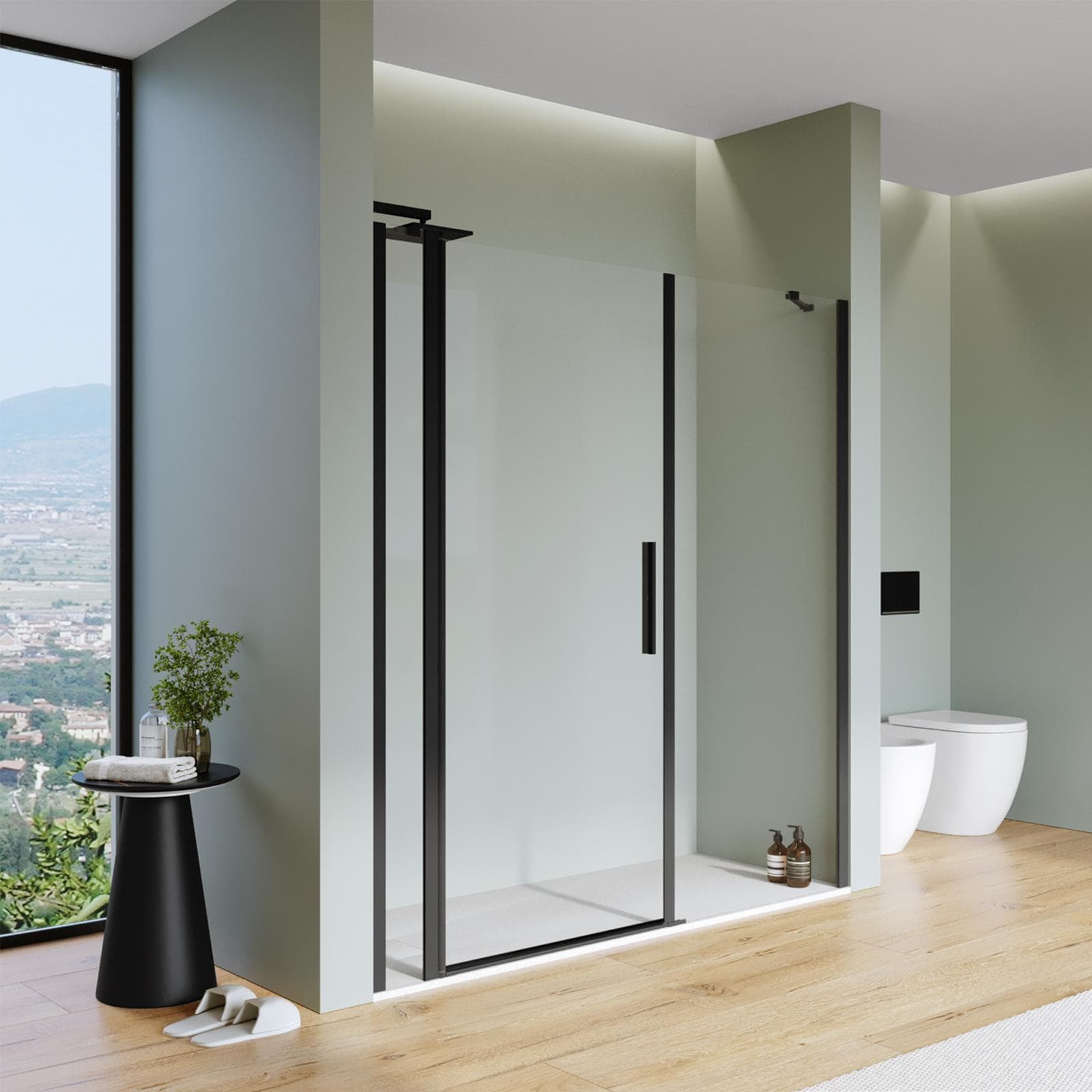 Box doccia nicchia 185 cm battente 80 cm e lato fisso con vetro temperato trasparente e profilo nero 190h - Nilo