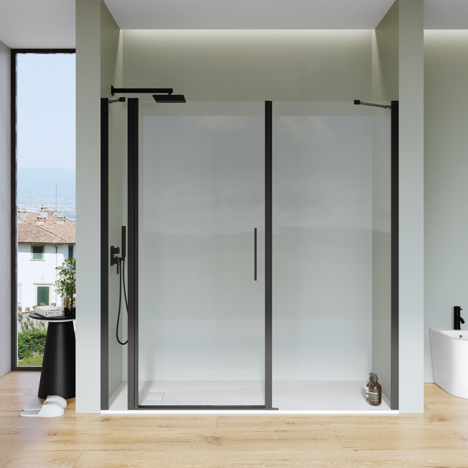 Box doccia nicchia 185 cm battente 80 cm e lato fisso con vetro temperato trasparente e profilo nero 190h - Nilo