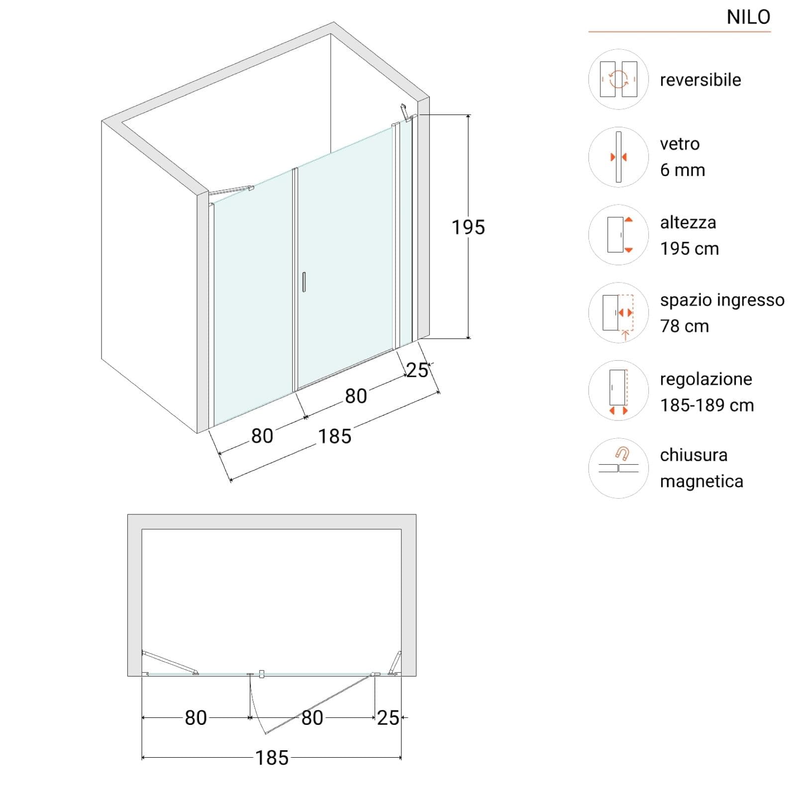 Box doccia nicchia 185 cm battente 80 cm e lato fisso con vetro temperato trasparente e profilo nero 190h - Nilo