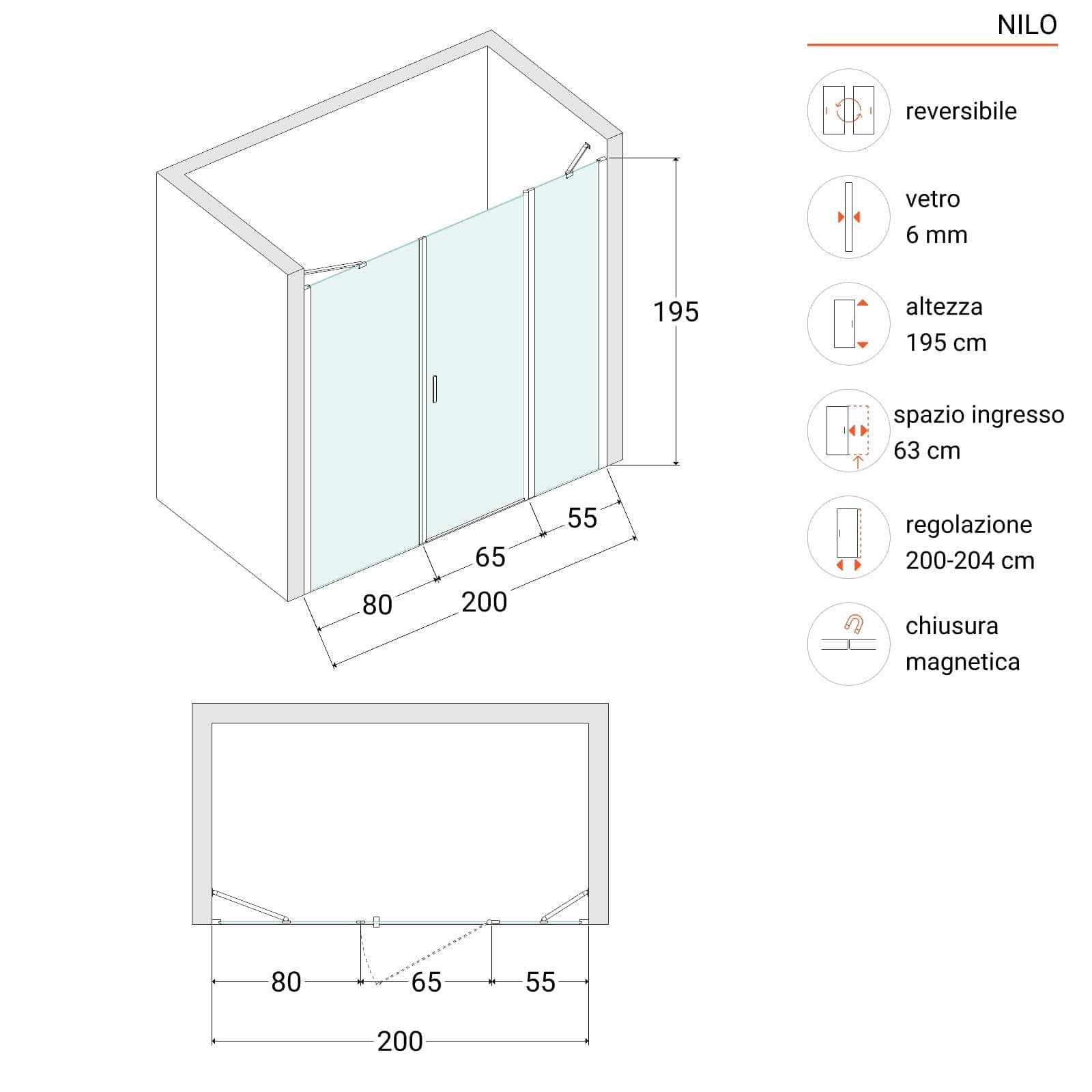 Box doccia nicchia 200 cm 55 giunto + 65 battente + 80 fisso con vetro temperato trasparente e profilo cromo 195h - Nilo