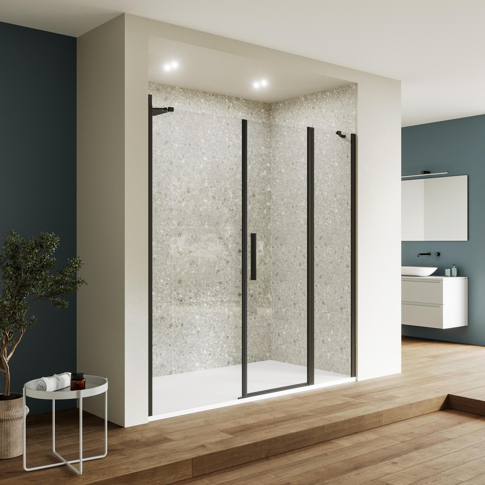 Box doccia nicchia 200 cm battente 65 cm e lato fisso con vetro temperato trasparente e profilo nero 195h - Nilo