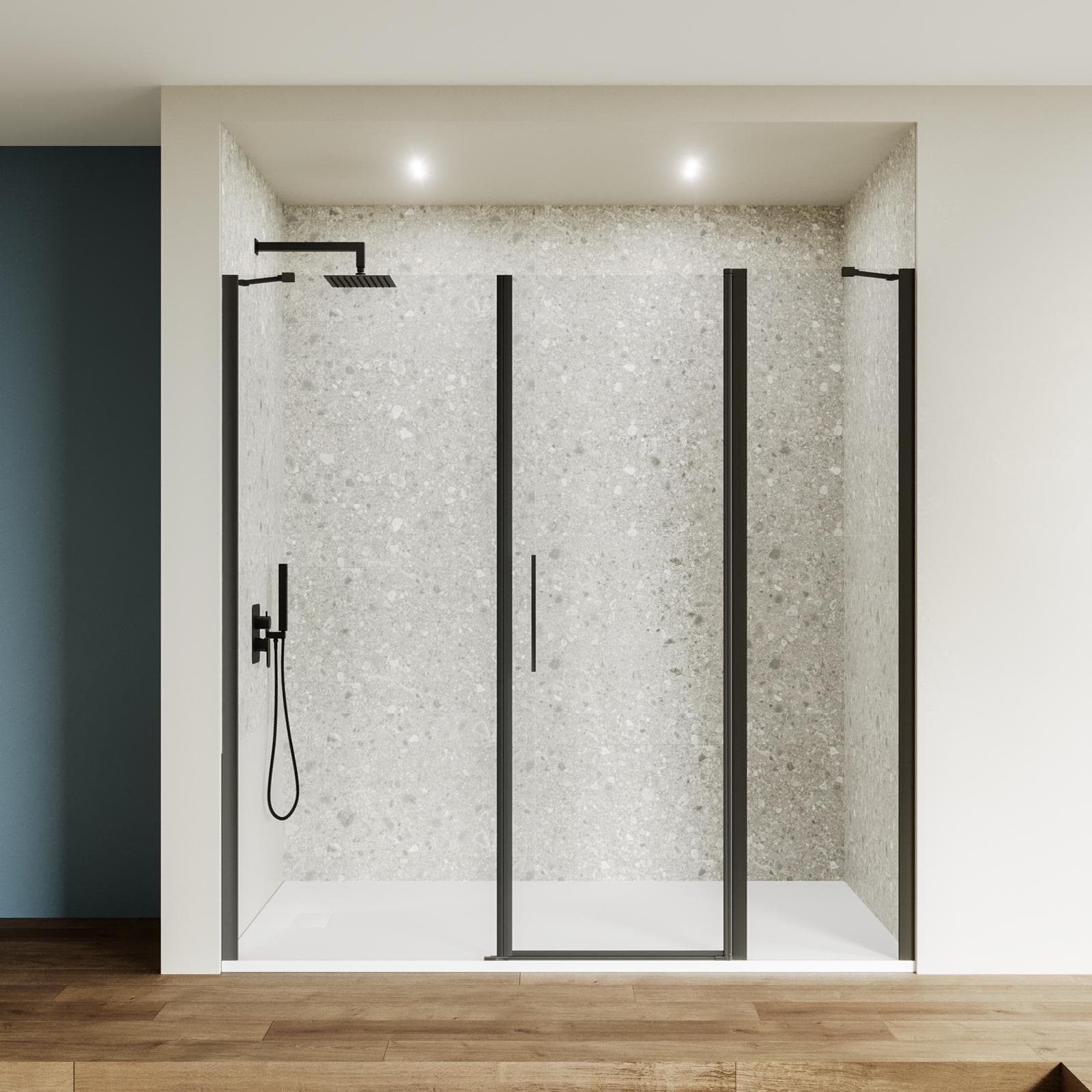 Box doccia nicchia 200 cm battente 65 cm e lato fisso con vetro temperato trasparente e profilo nero 195h - Nilo