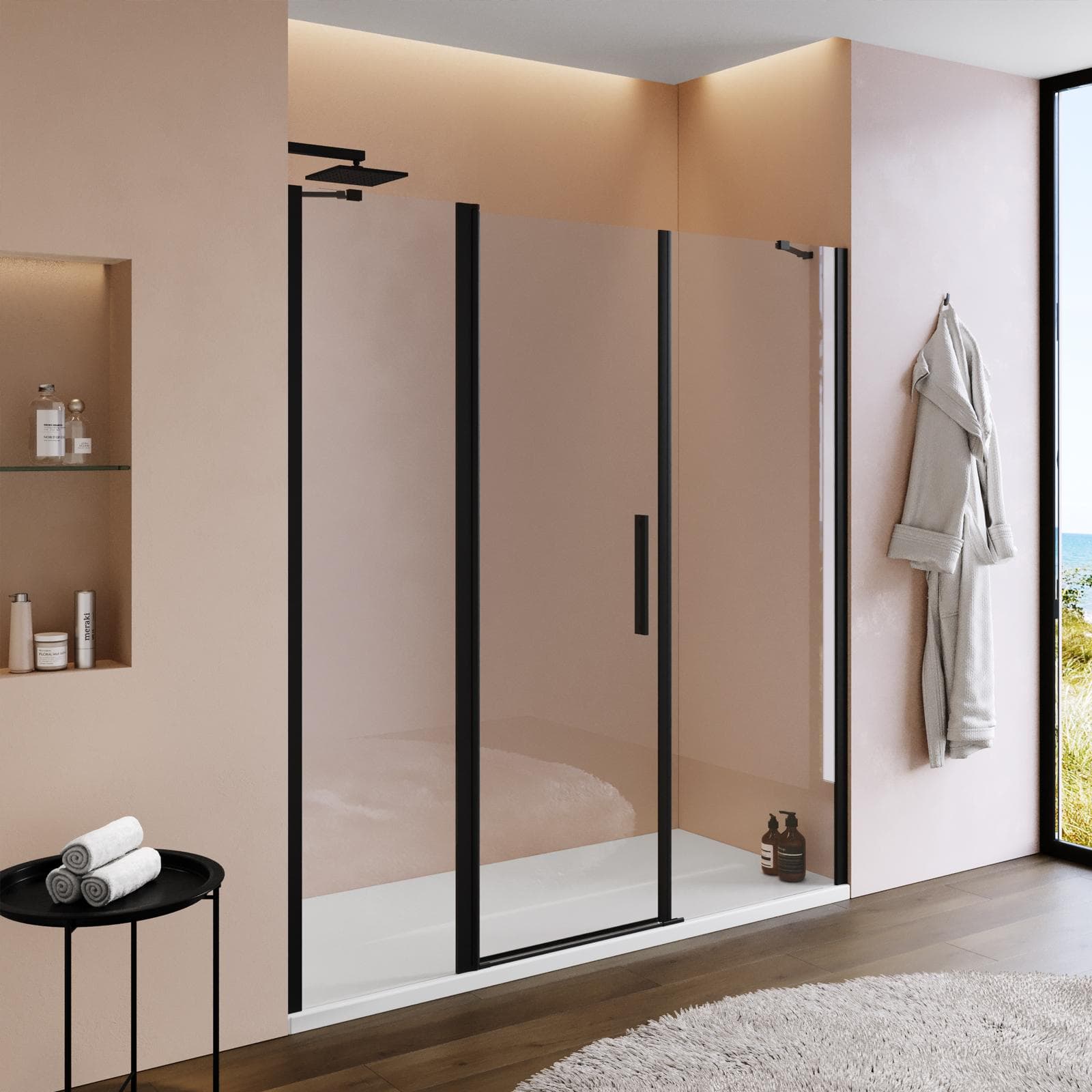 Box doccia nicchia 200 cm 55 giunto + 70 battente + 75 fisso con vetro temperato trasparente e profilo nero 195h - Nilo