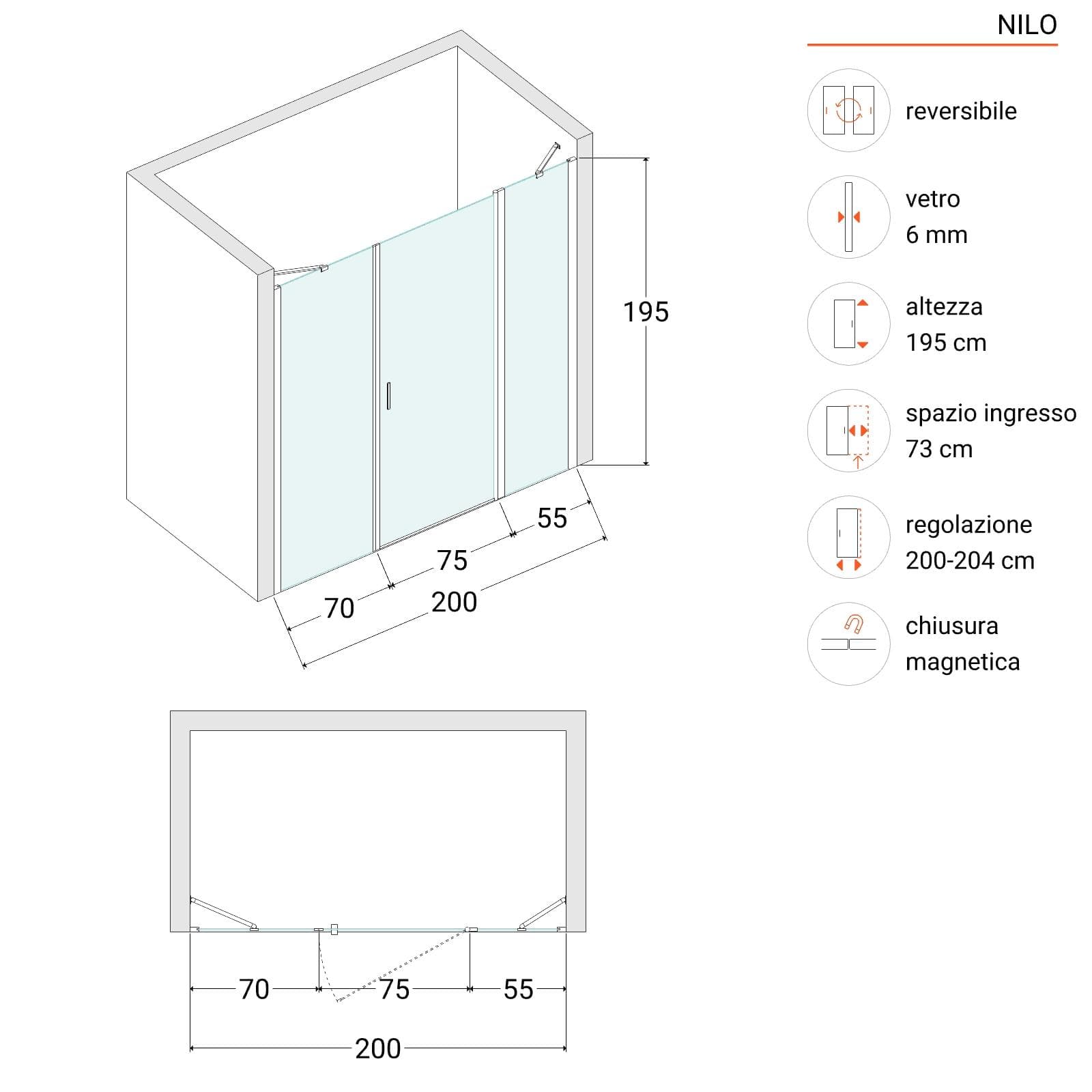 Box doccia nicchia 200 cm 55 giunto + 75 battente + 70 fisso con vetro temperato trasparente e profilo cromo 195h - Nilo