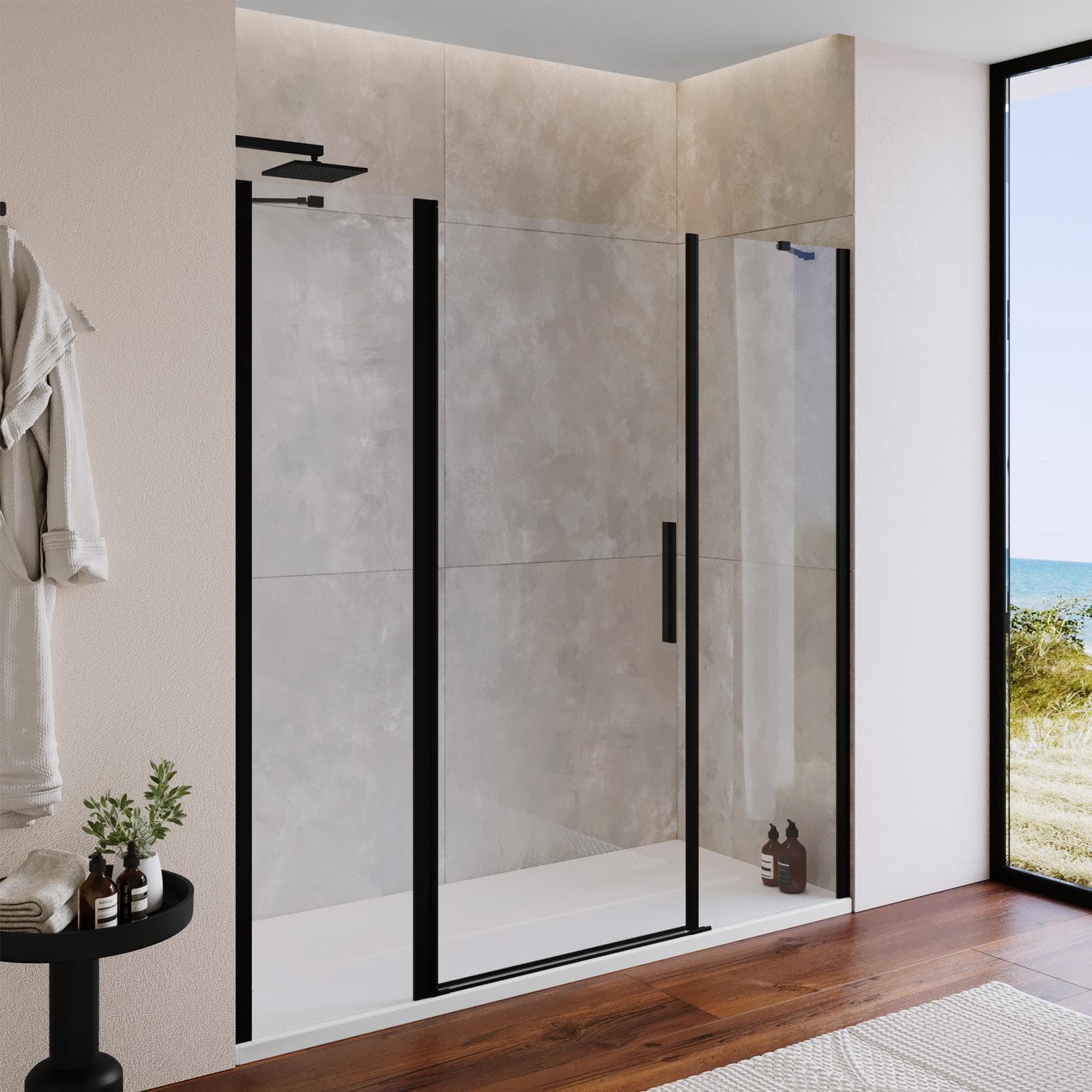 Box doccia nicchia 200 cm 55 giunto + 80 battente + 65 fisso con profilo nero 195h - Nilo