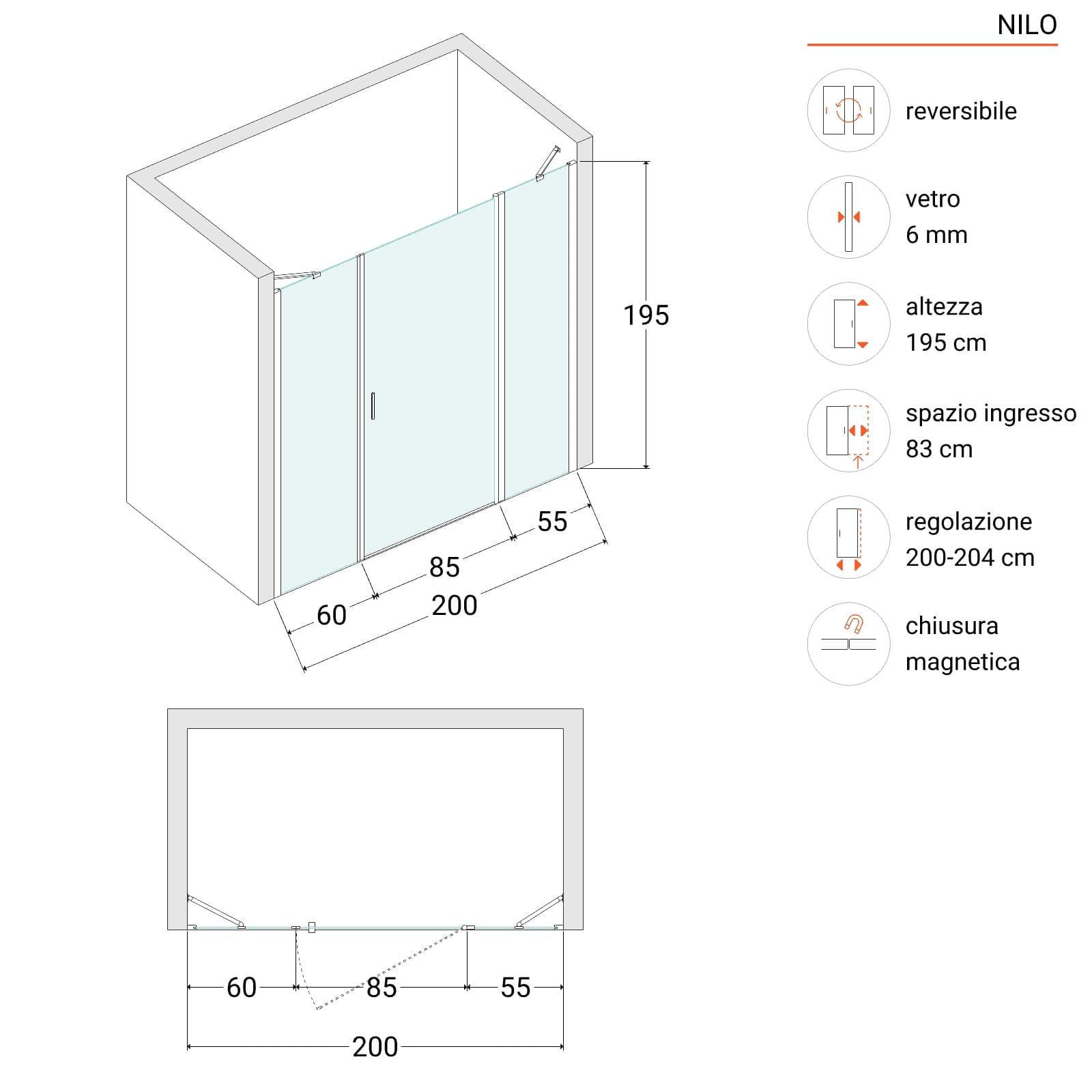 Box doccia nicchia 200 cm 55 giunto + 85 battente + 60 fisso con vetro temperato trasparente e profilo cromo 195h - Nilo