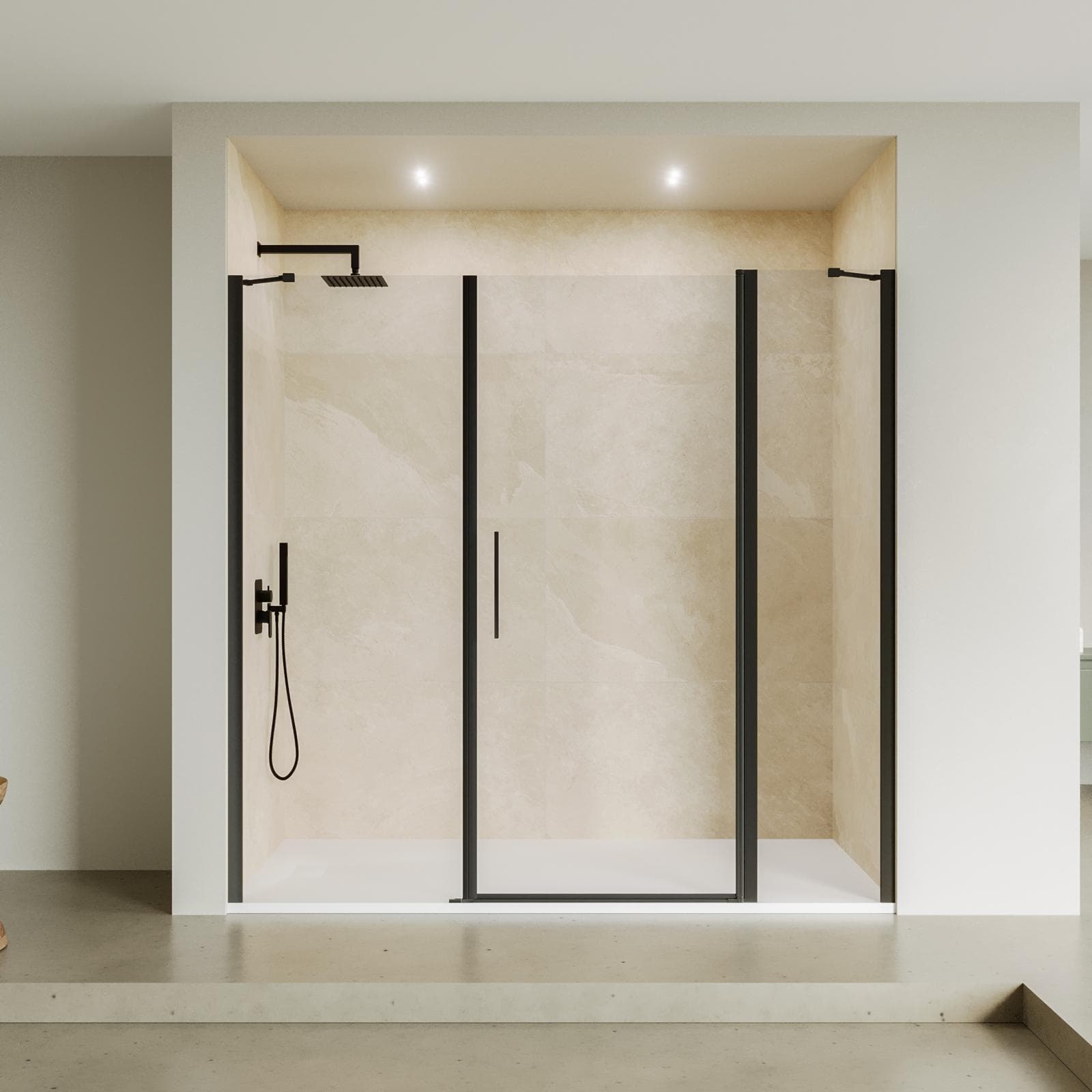 Box doccia nicchia 200 cm 55 giunto + 85 battente + 60 fisso con vetro temperato trasparente e profilo nero opaco 195h - Nilo