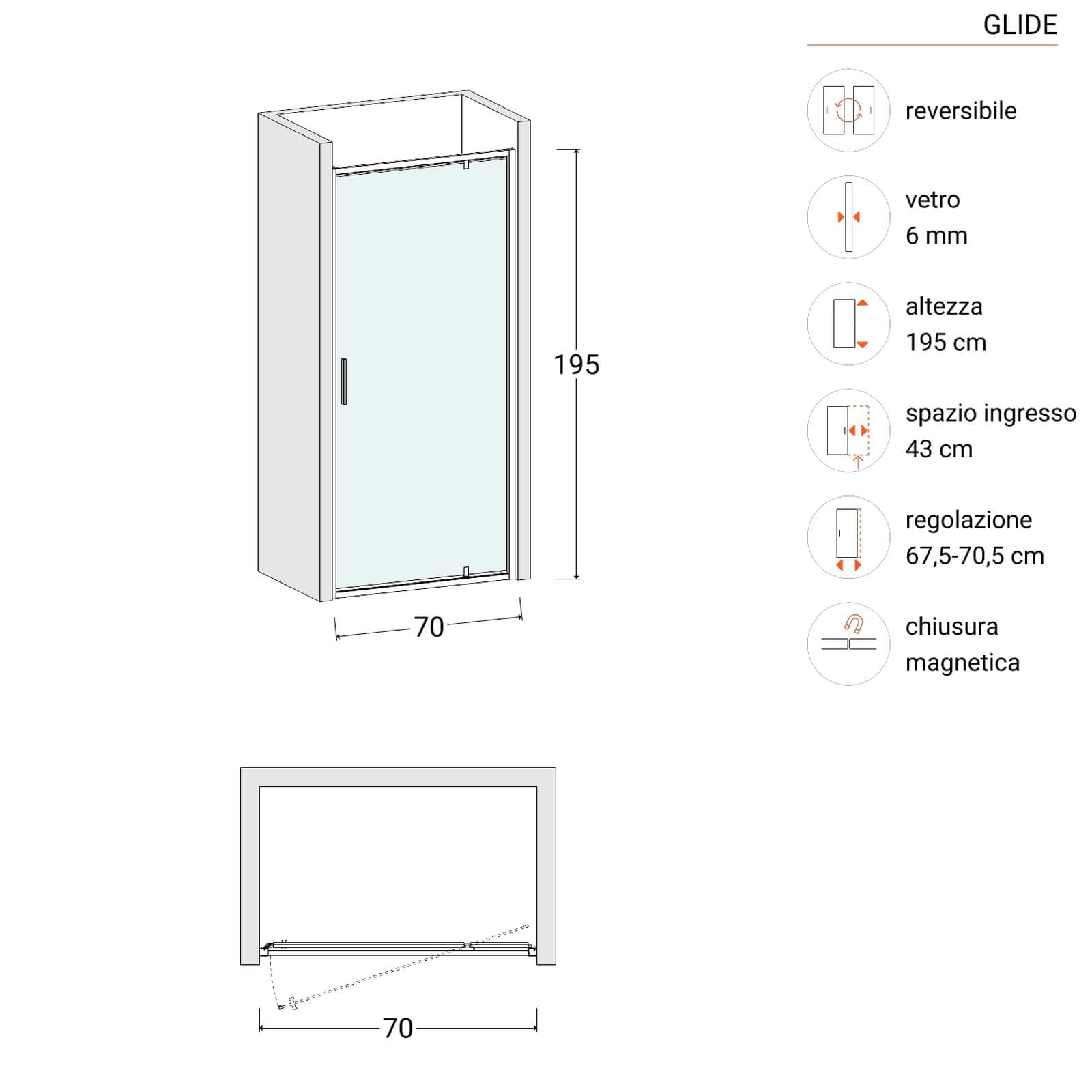 Box doccia nicchia 70 cm battente con vetro slim trasparente e profilo cromo 195h - Glide