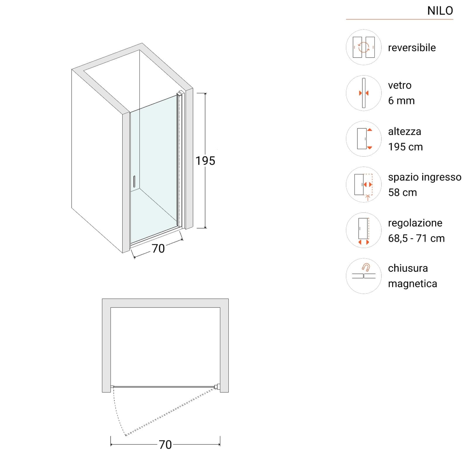 Box doccia nicchia 70 cm battente con vetro trasparente e profilo cromo 195h - Nilo