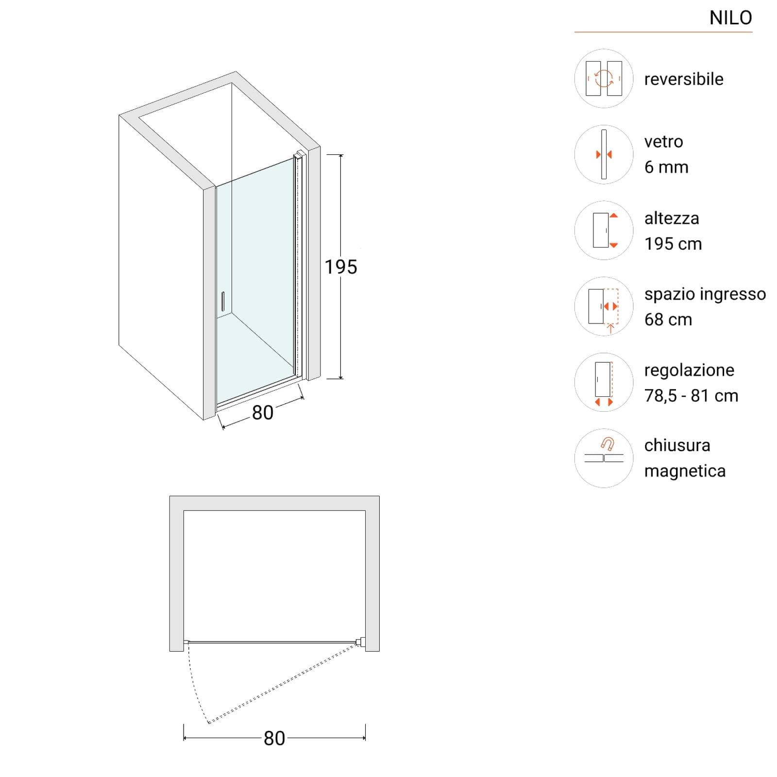 Box doccia nicchia 80 cm battente con vetro trasparente e profilo cromo 195h - Nilo