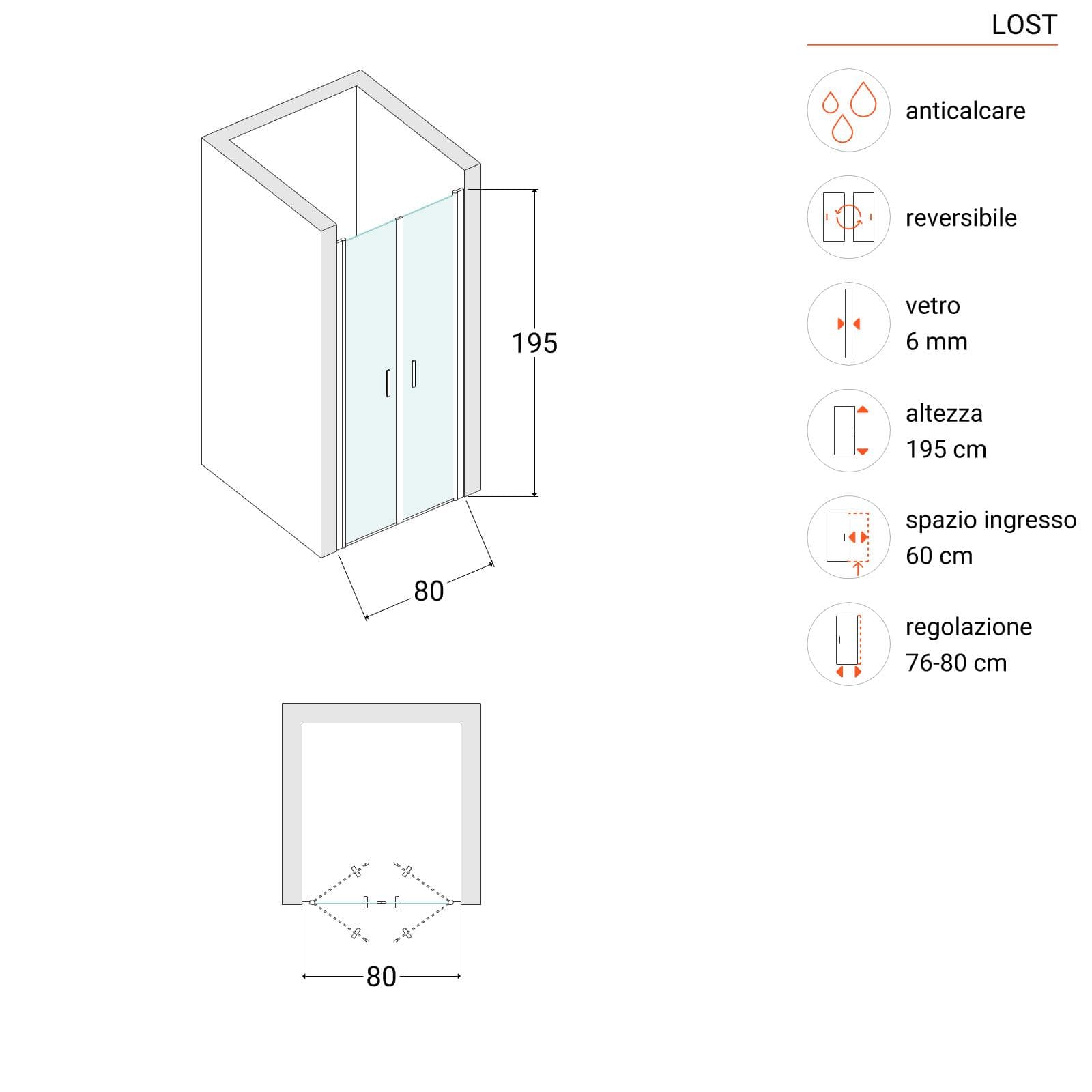 Box doccia nicchia 80 cm saloon con vetro anticalcare trasparente e profilo cromo 195h - Lost
