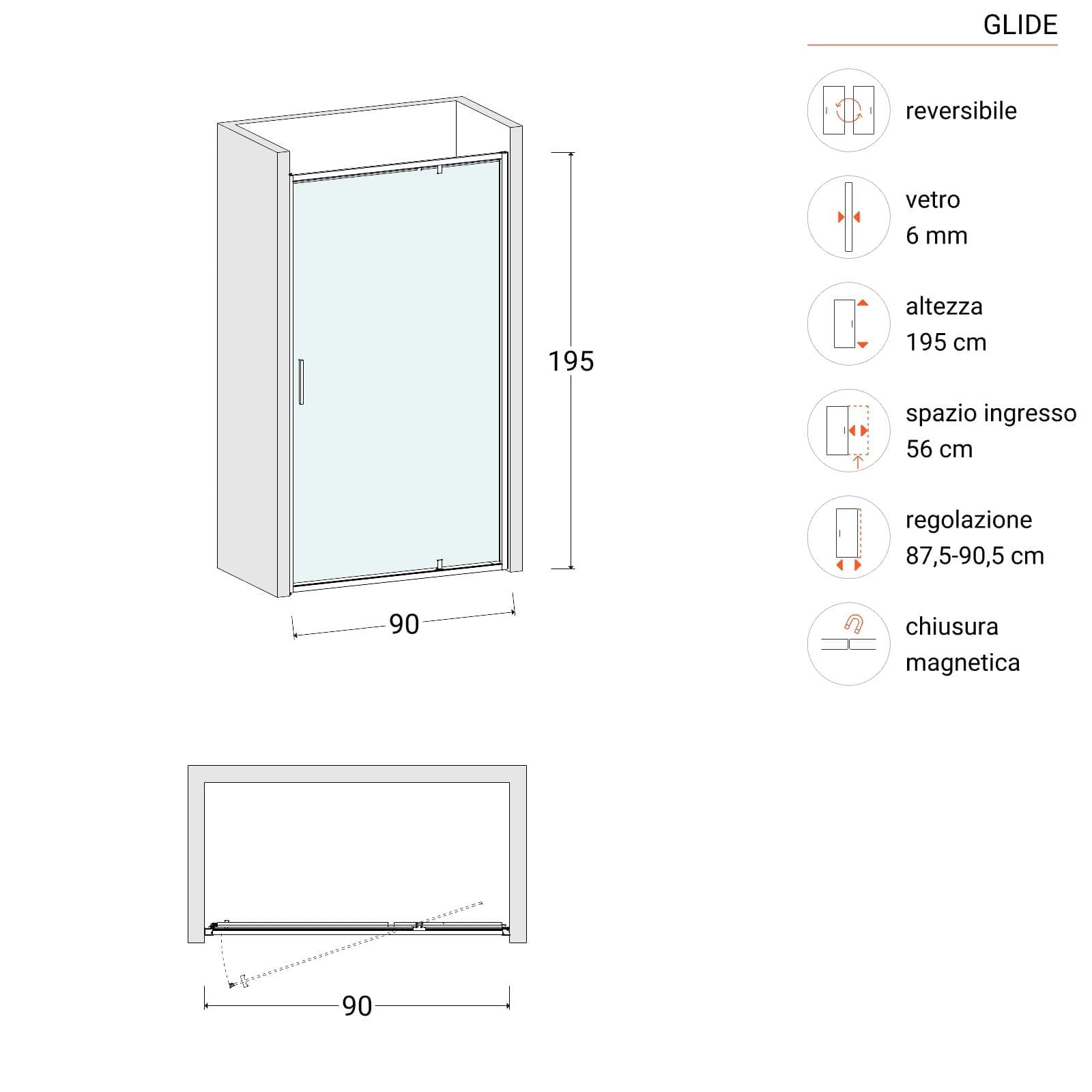 Box doccia nicchia 90 cm battente con vetro slim trasparente e profilo cromo 195h - Glide