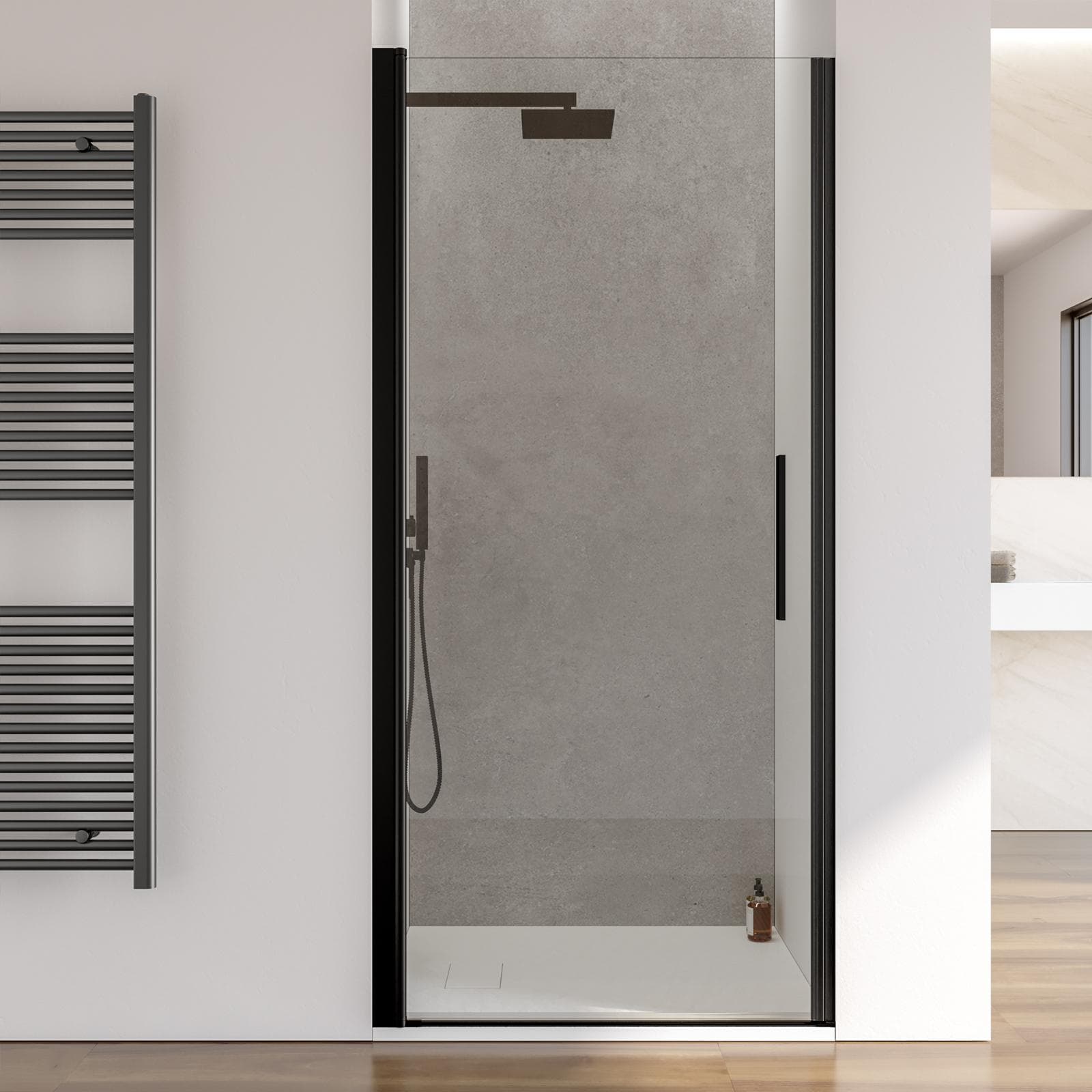 Box doccia nicchia 90 cm battente con vetro trasparente e profilo nero opaco 195h - Nilo