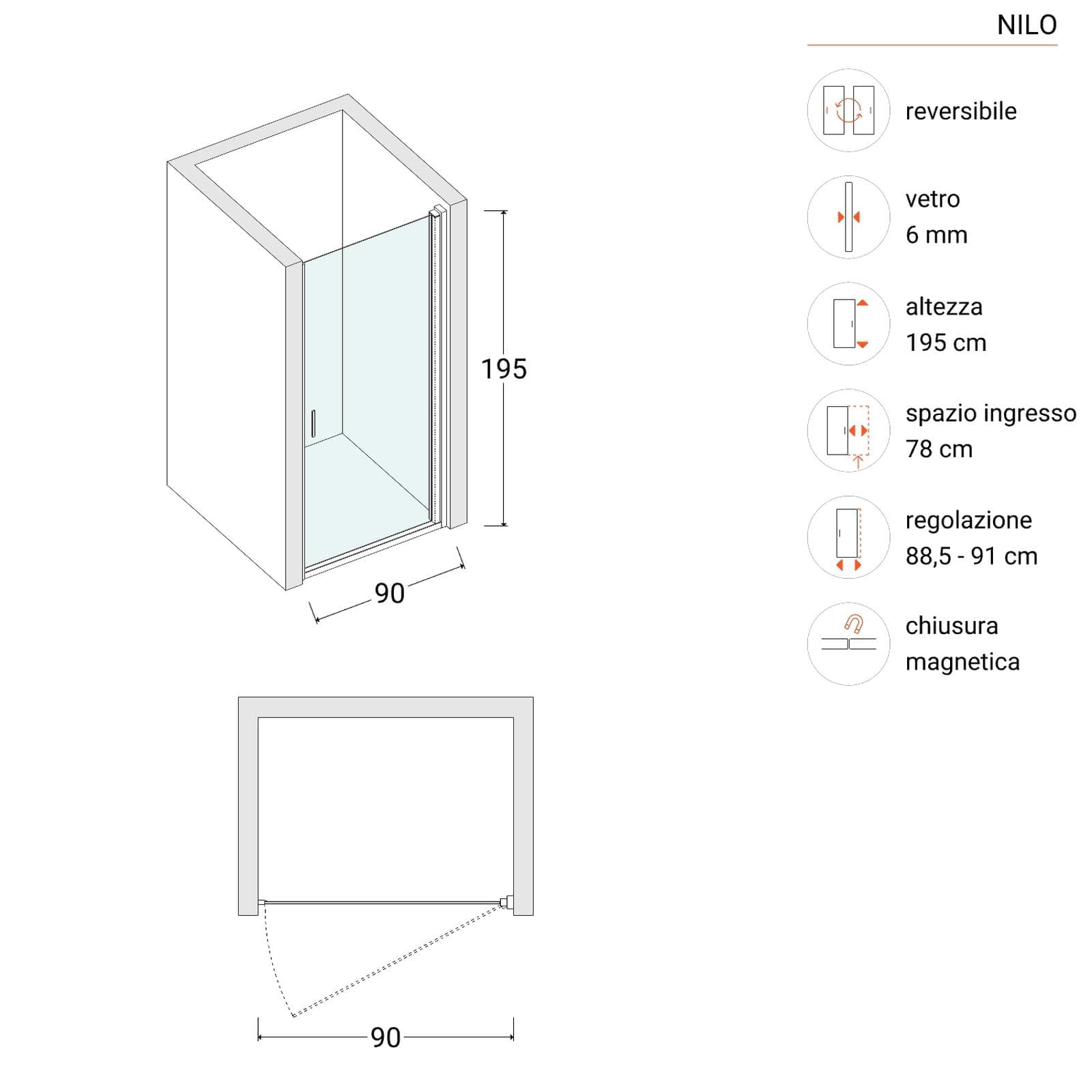 Box doccia nicchia 90 cm battente con vetro trasparente e profilo nero opaco 195h - Nilo