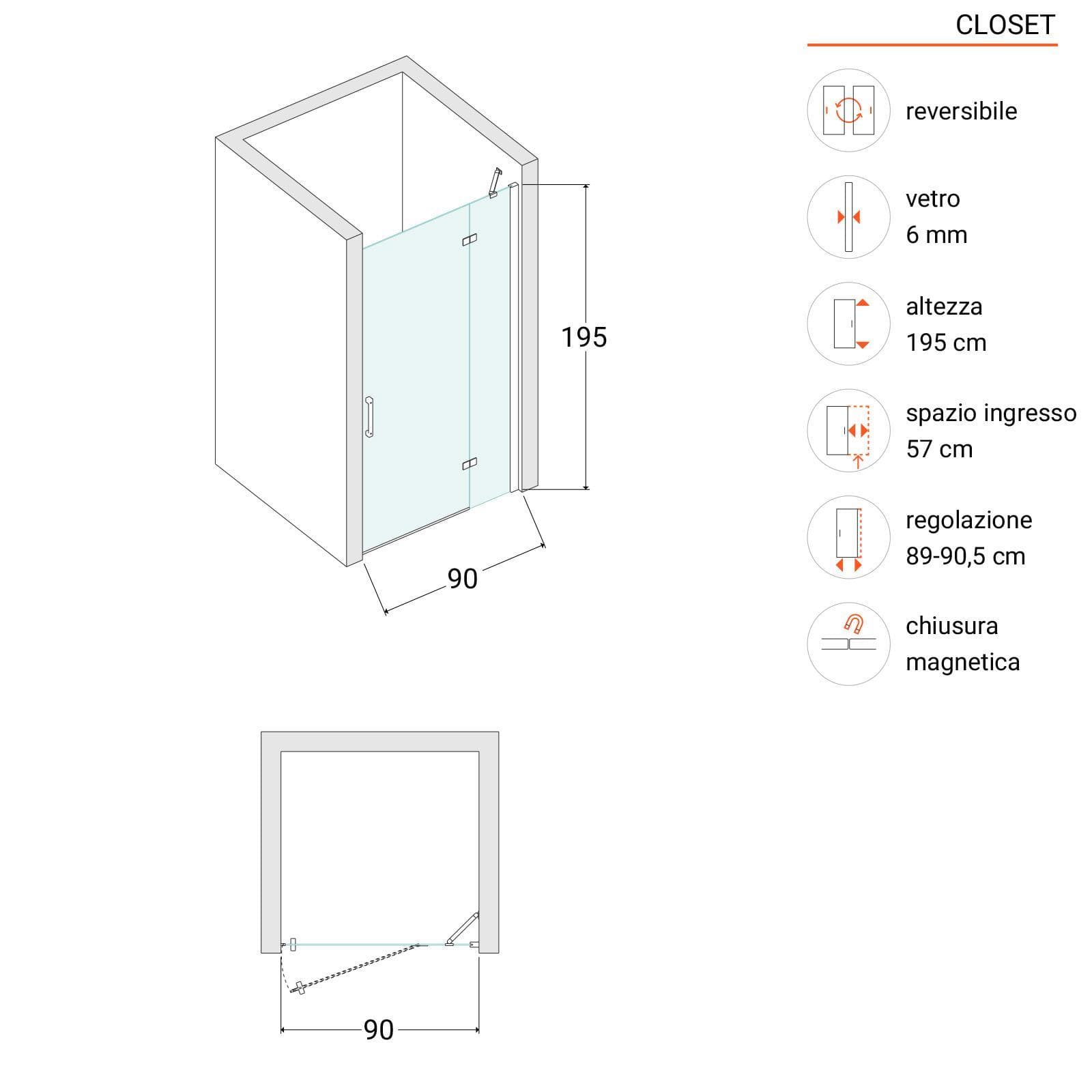 Nicchia battente 90 cm vetro temperato anticalcare 195h - Closet