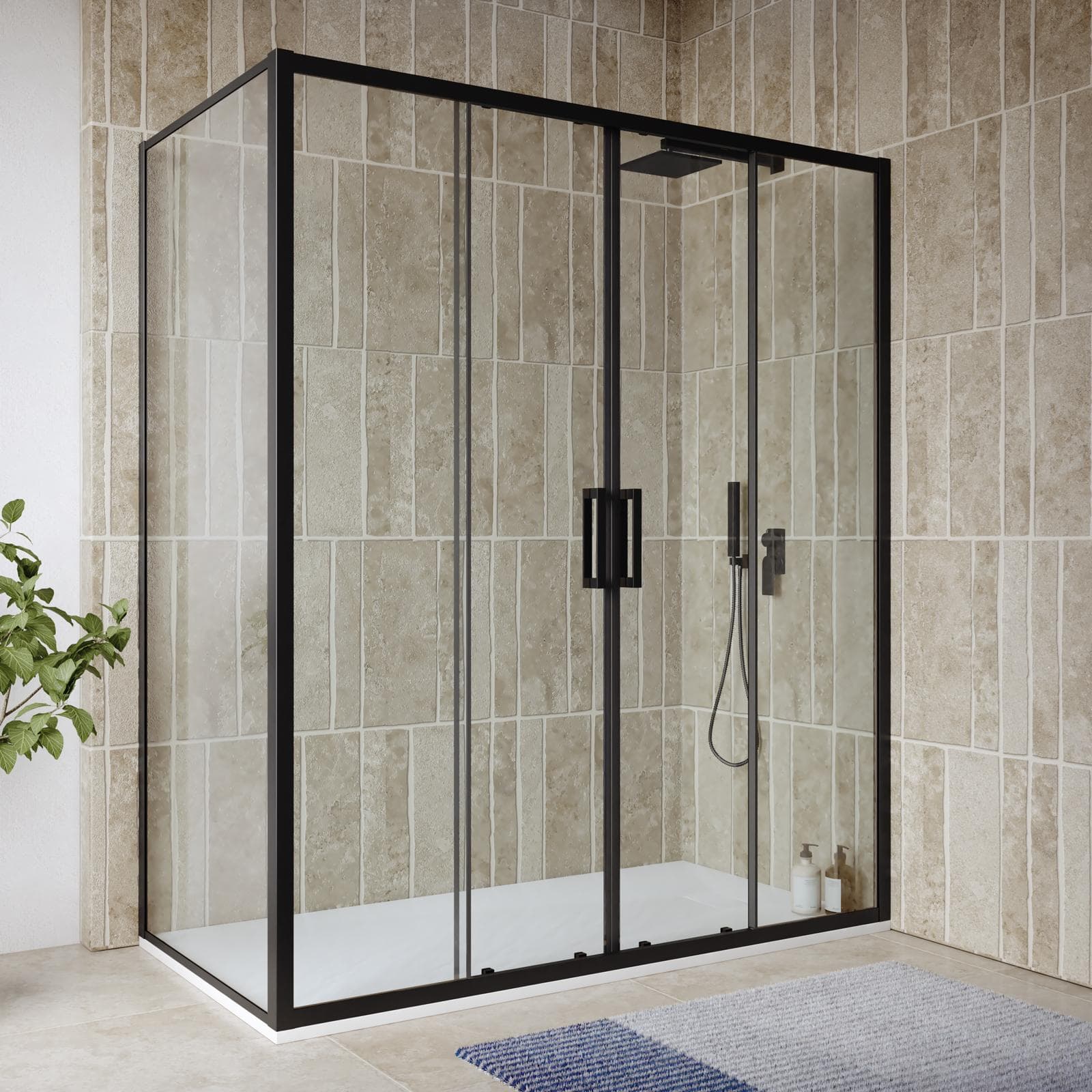 Box doccia profilo nero 90x160 anticalcare fisso + porta scorrevole 4 ante 200h - Naomi