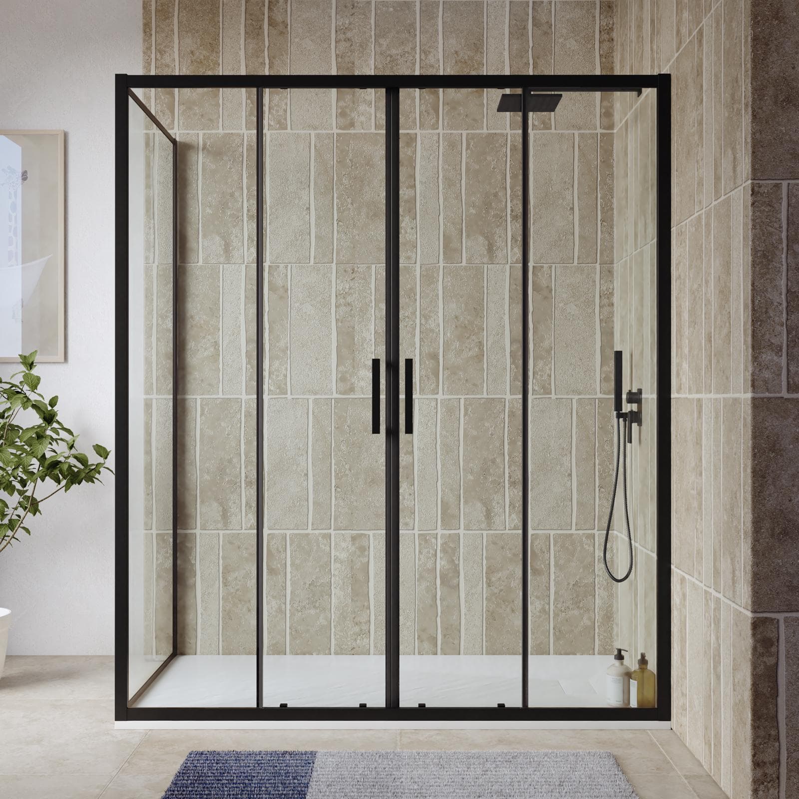 Box doccia profilo nero 90x160 anticalcare fisso + porta scorrevole 4 ante 200h - Naomi