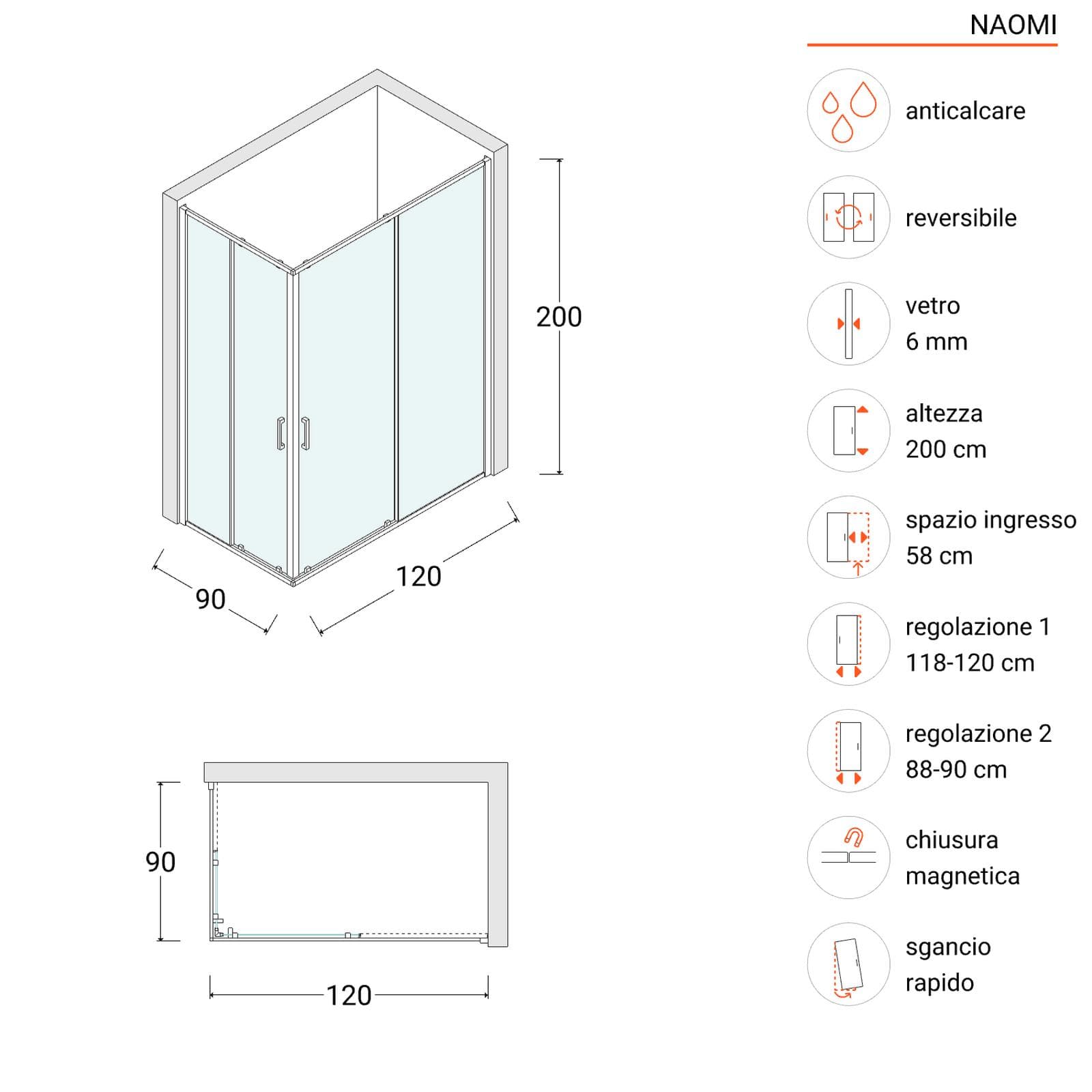 Box doccia telaio nero 90x120 con apertura angolare scorrevole anticalcare 200h - Naomi