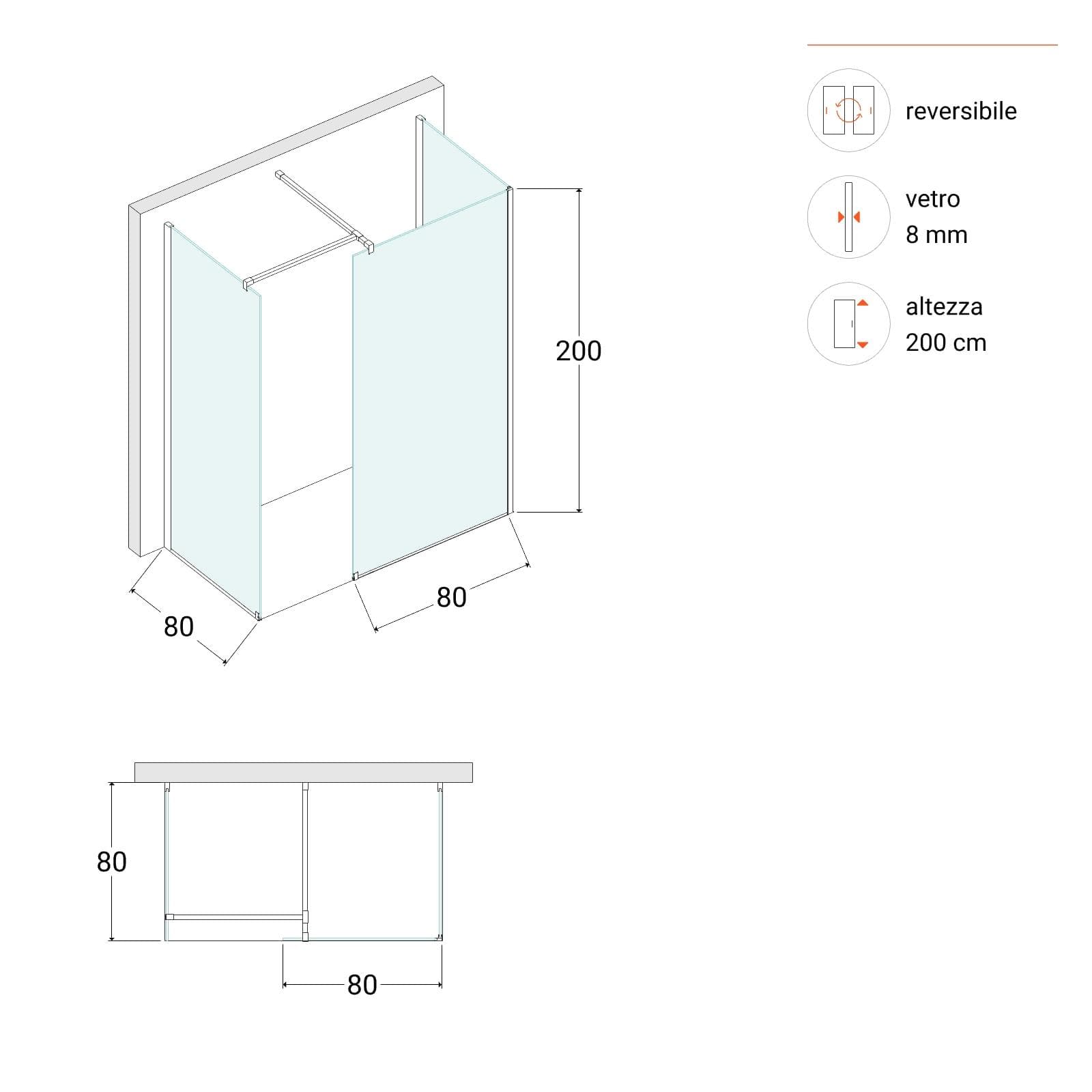 Box doccia walk-in tre lati 80x80x80 cm vetro anticalcare trasparente e profilo cromo 200h - Keep