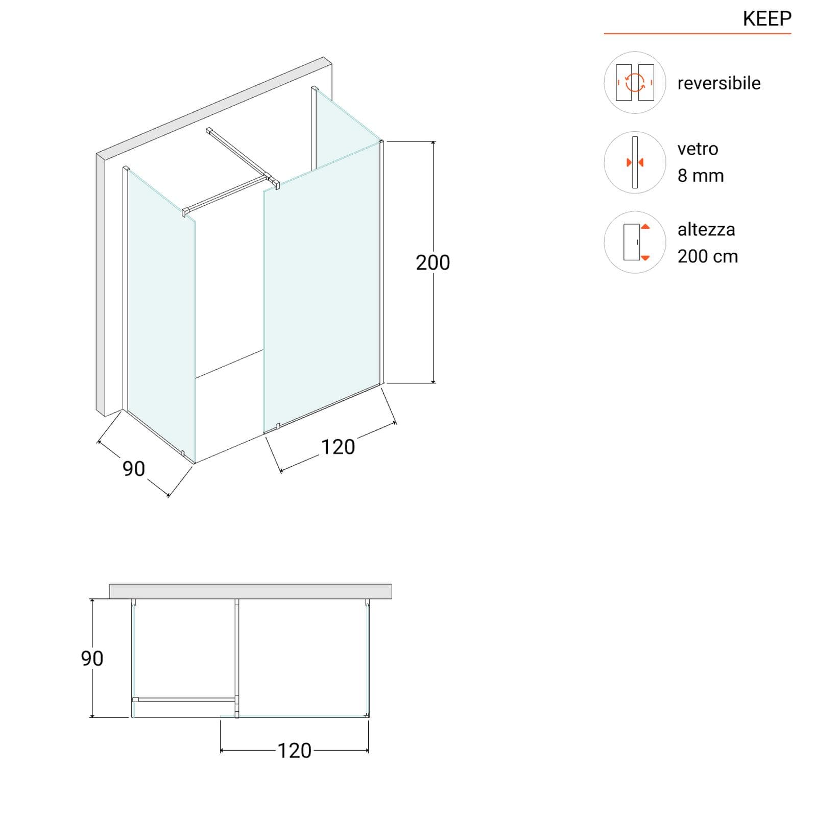 Box doccia 90x120x90 cm tre lati con vetro anticalcare trasparente e profilo cromo 200h - Keep