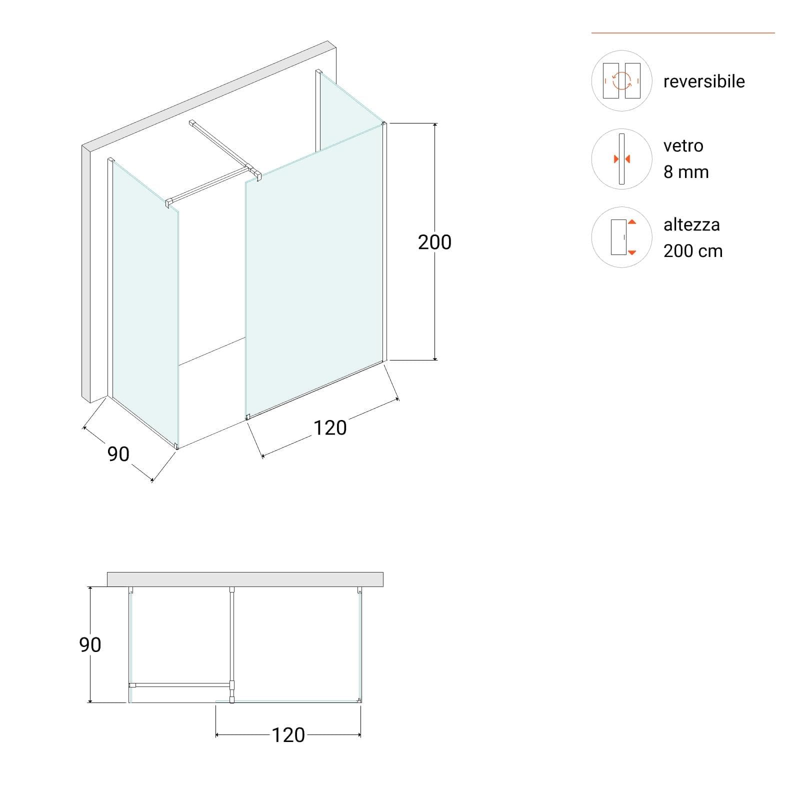 Box doccia tre lati walk-in per piatti doccia 90x160 vetro temperato fumè - Keep