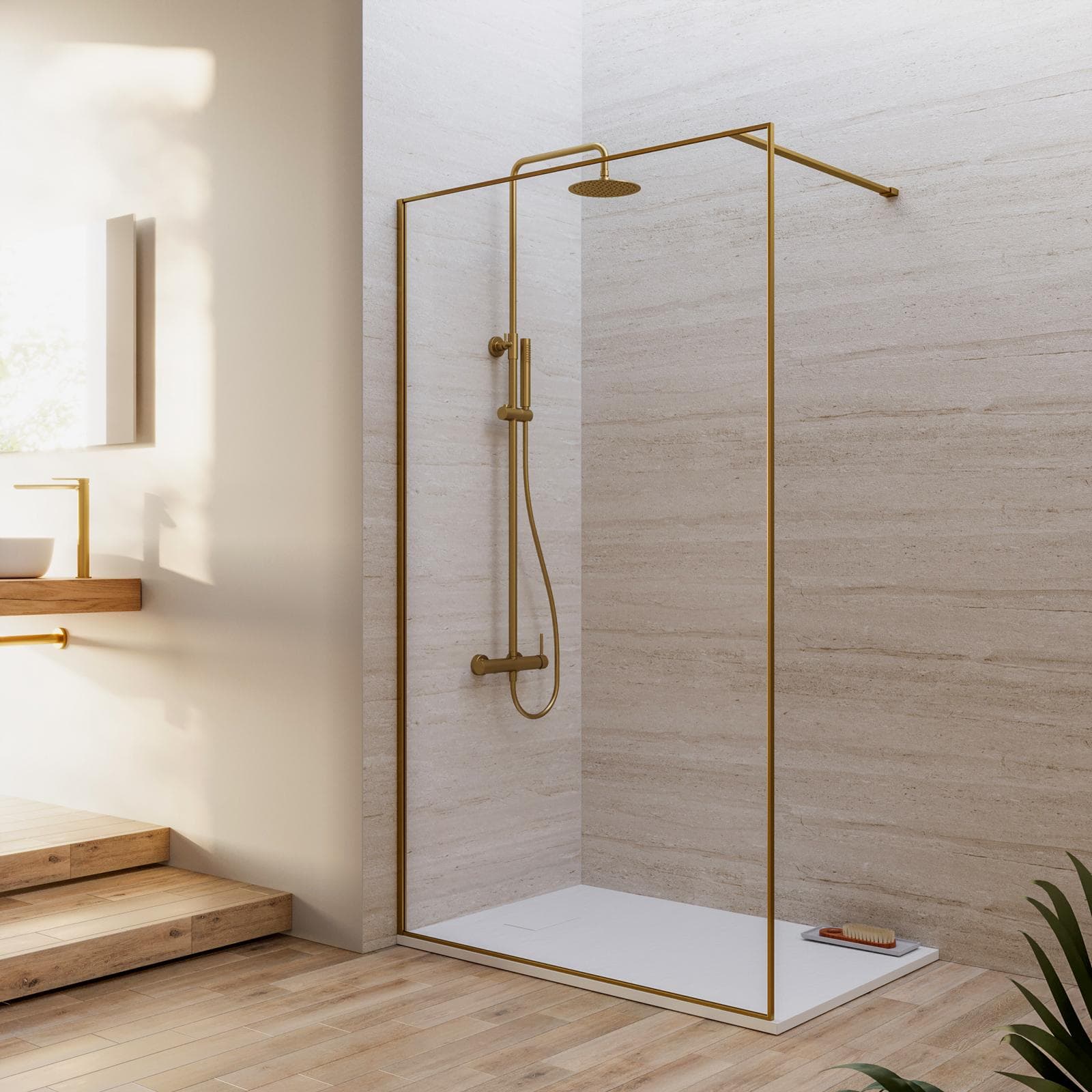 Box doccia Walk in frame 120 cm vetro anticalcare trasparente e profilo oro spazzolato 200h - Deline