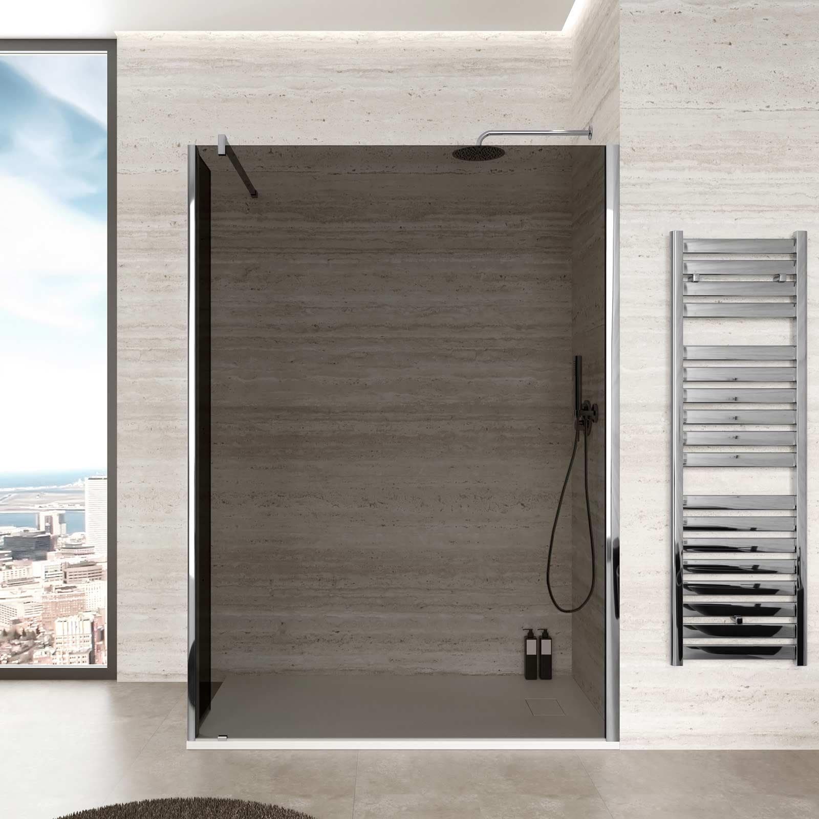 Box doccia Walk In 140 cm in vetro temperato fumè anticalcare e anta girevole 35 cm - Keep