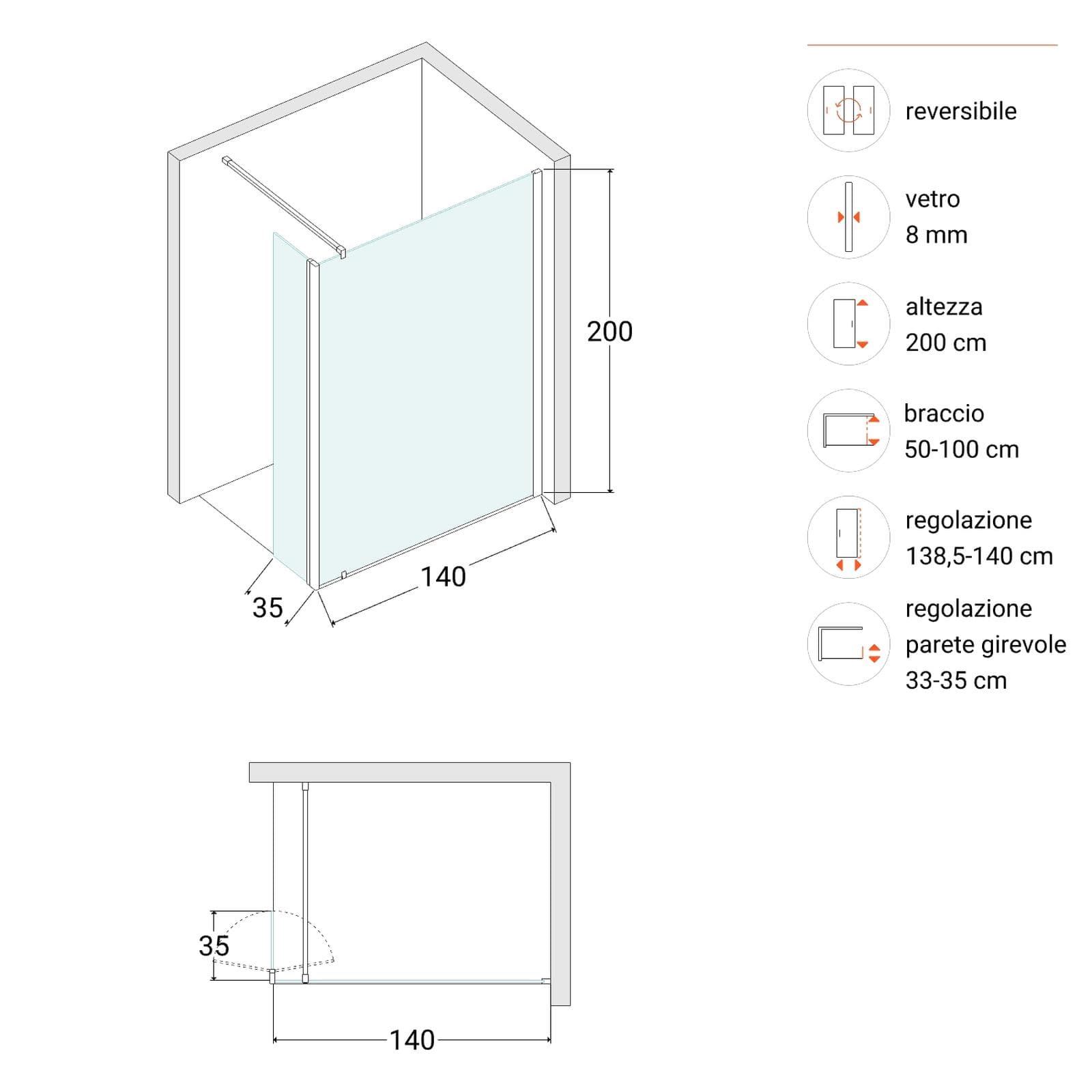 Box doccia walk in 140cm + anta girevole 35cm vetro temperato anticalcare trasparente - Keep