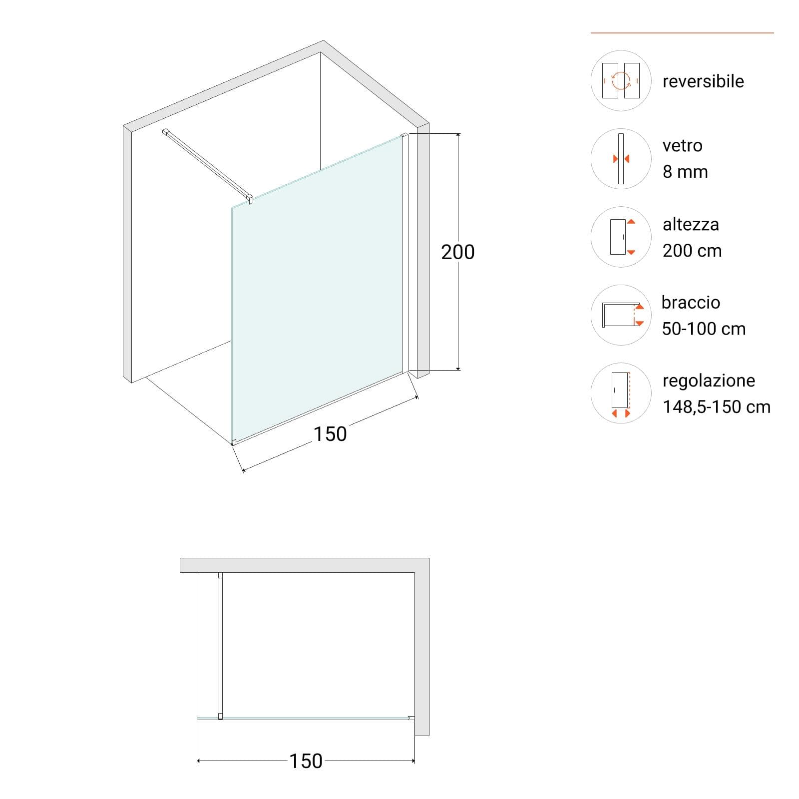Box doccia Walk in 150 cm vetro anticalcare bronzato e profilo cromo 200h - Keep
