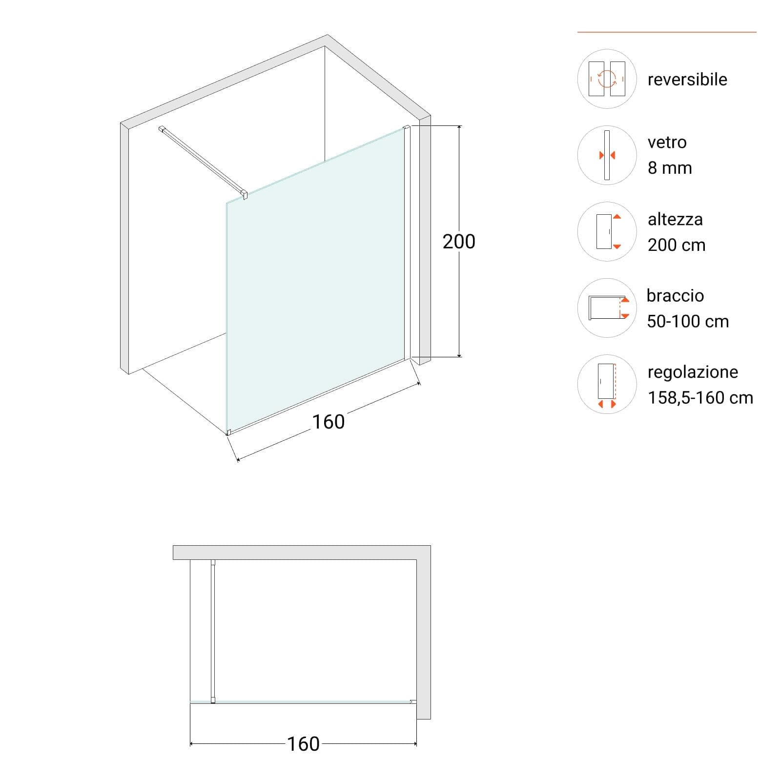 Box doccia Walk in 160 cm vetro 8 mm anticalcare trasparente e profilo oro 200h - Keep