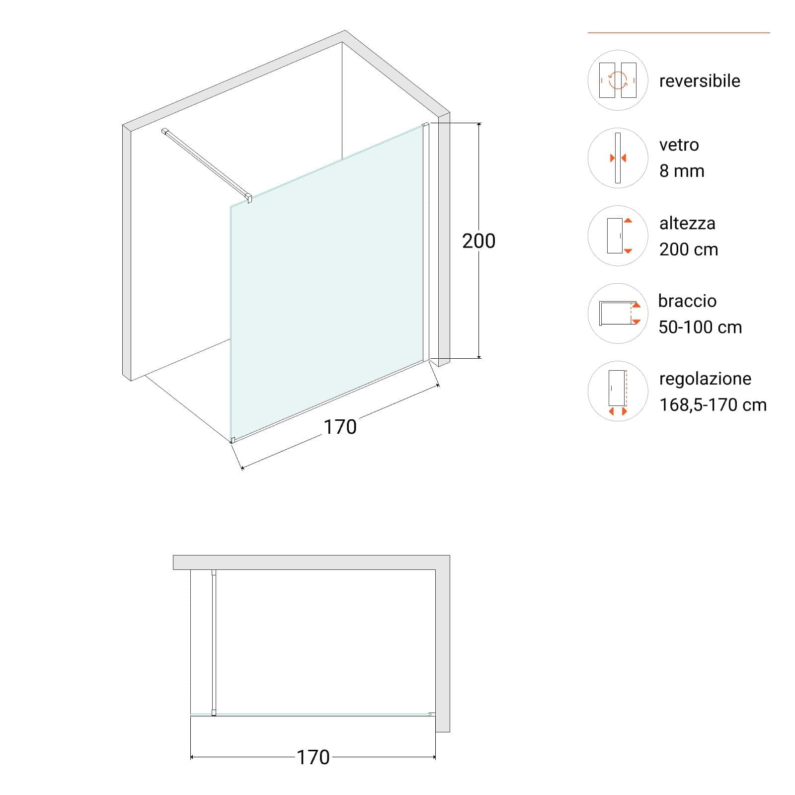 Box doccia Walk in 170 cm vetro 8 mm anticalcare trasparente e profilo cromo 200h - Keep