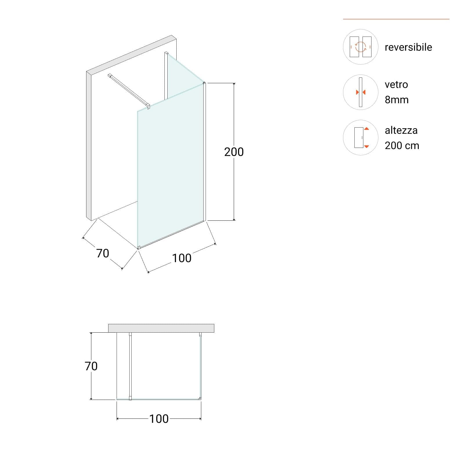 Box doccia walk-in 70x100 cm angolare con vetro fumè e profilo nero 200h - Keep