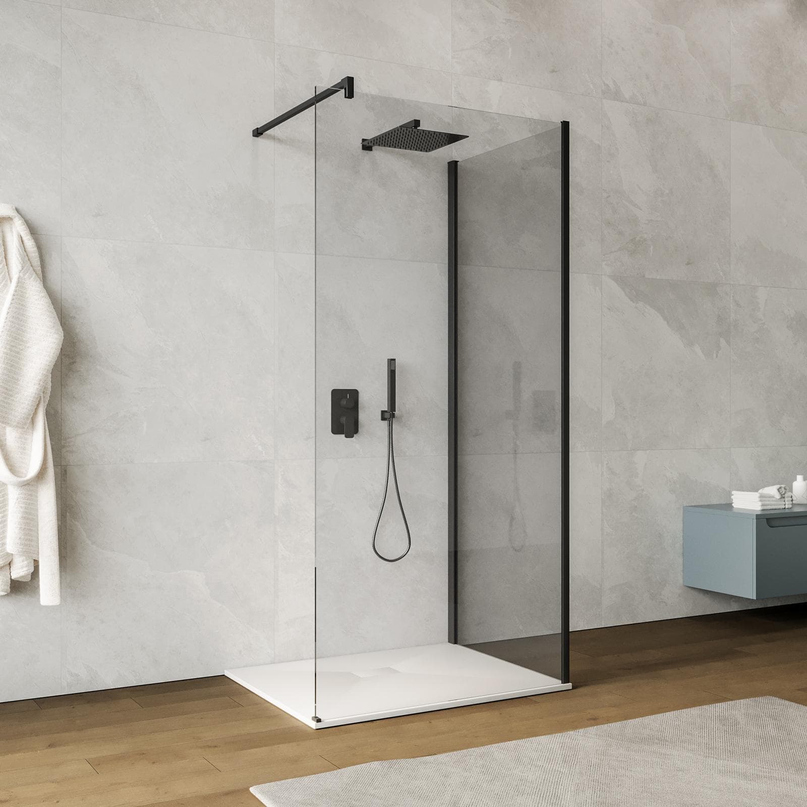 Box doccia walk-in 70x100 cm angolare con vetro trasparente e profilo nero 200h - Keep