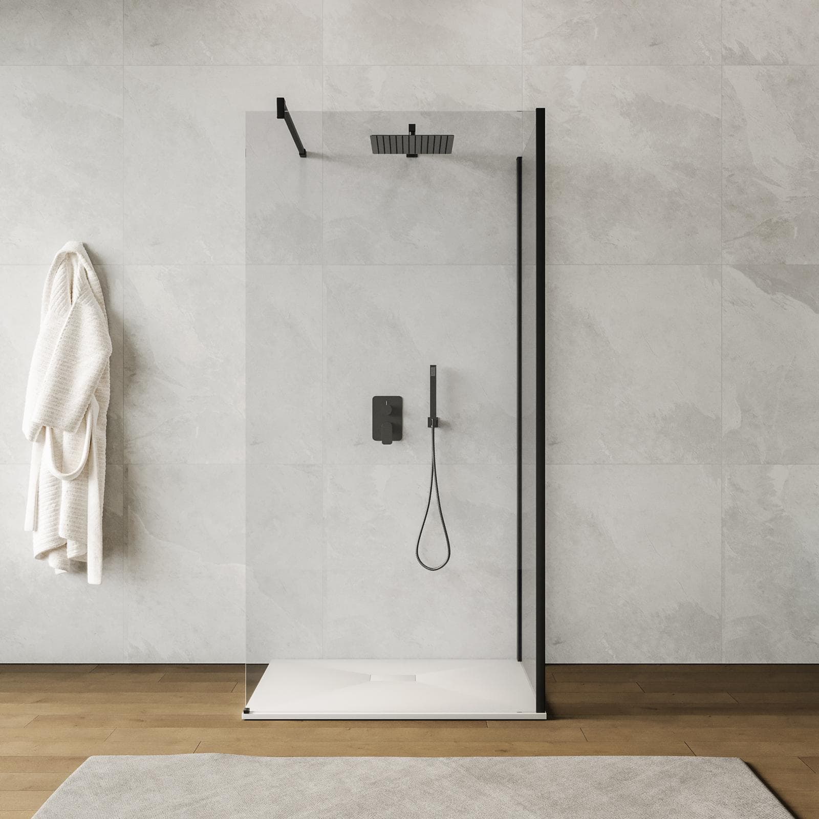 Box doccia walk-in 70x100 cm angolare con vetro trasparente e profilo nero 200h - Keep