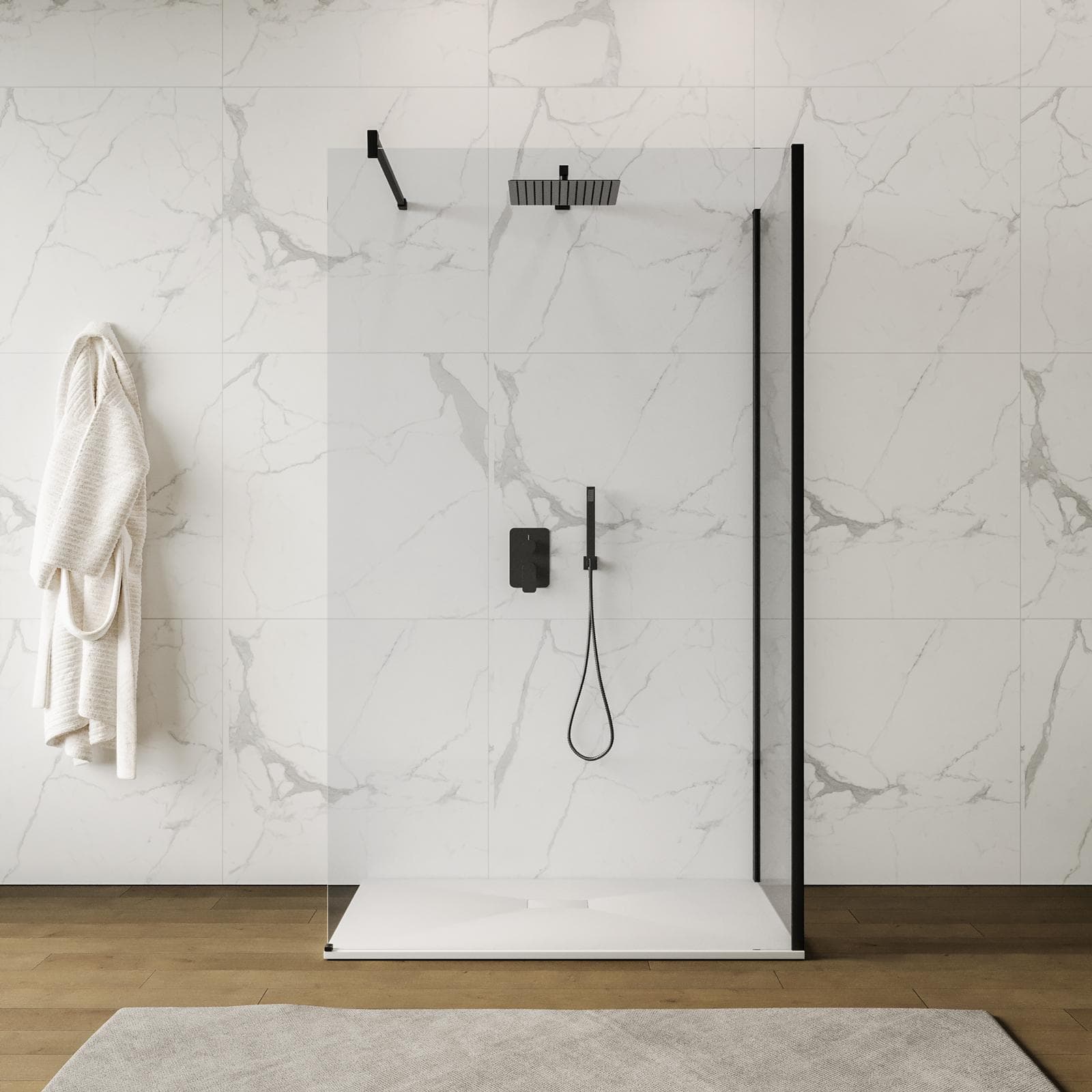 Box doccia walk-in 70x120 cm angolare con vetro trasparente e profilo nero 200h - Keep