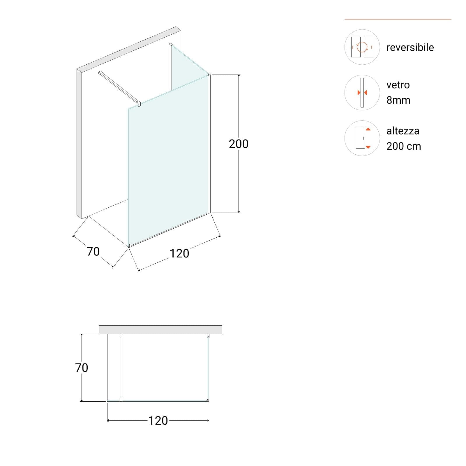 Box doccia walk-in 70x120 cm angolare con vetro trasparente e profilo nero 200h - Keep