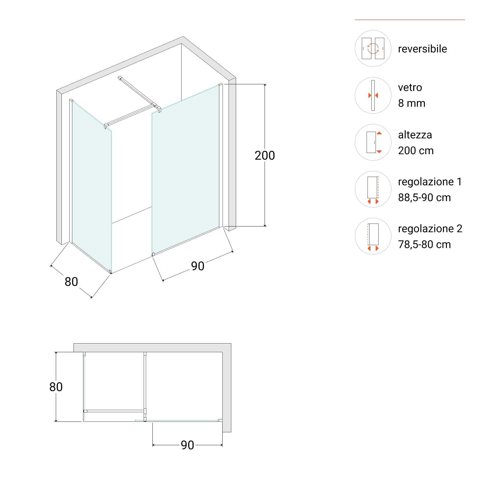 Box doccia walk-in due lati 80x90 cm vetro anticalcare trasparente e profilo cromo 200h - Keep