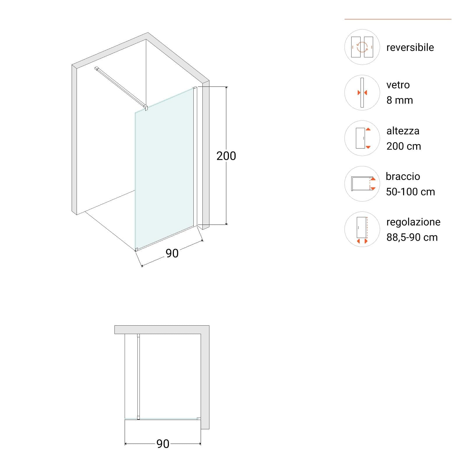 Box doccia Walk in 90 cm vetro 8 mm anticalcare trasparente e profilo cromo 200h - Keep
