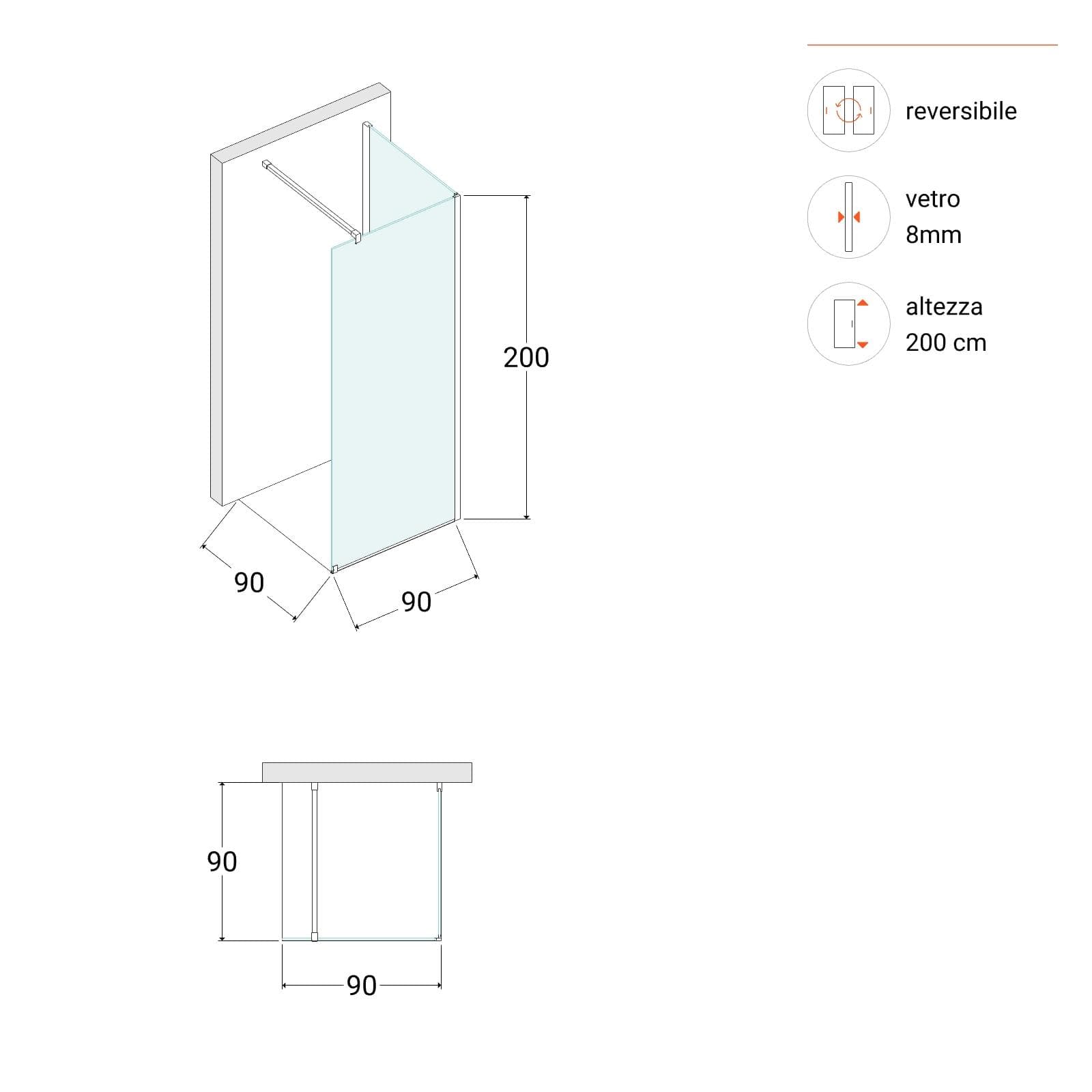 Box doccia walk-in 90x90 cm angolare con vetro trasparente e profilo nero 200h - Keep