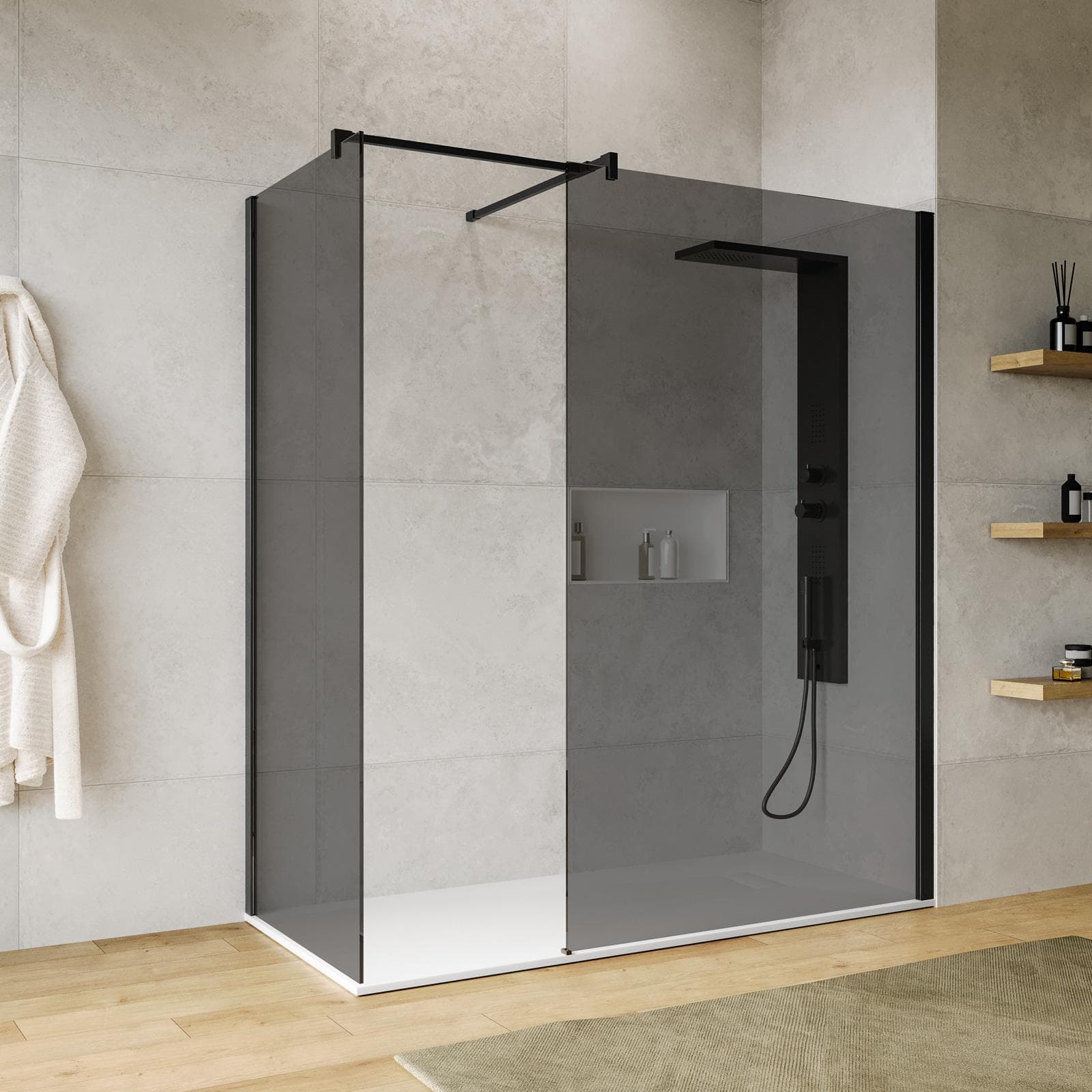 Box doccia walk-in due lati 70x120 con vetro anticalcare fumè e profilo nero opaco 200h - Keep